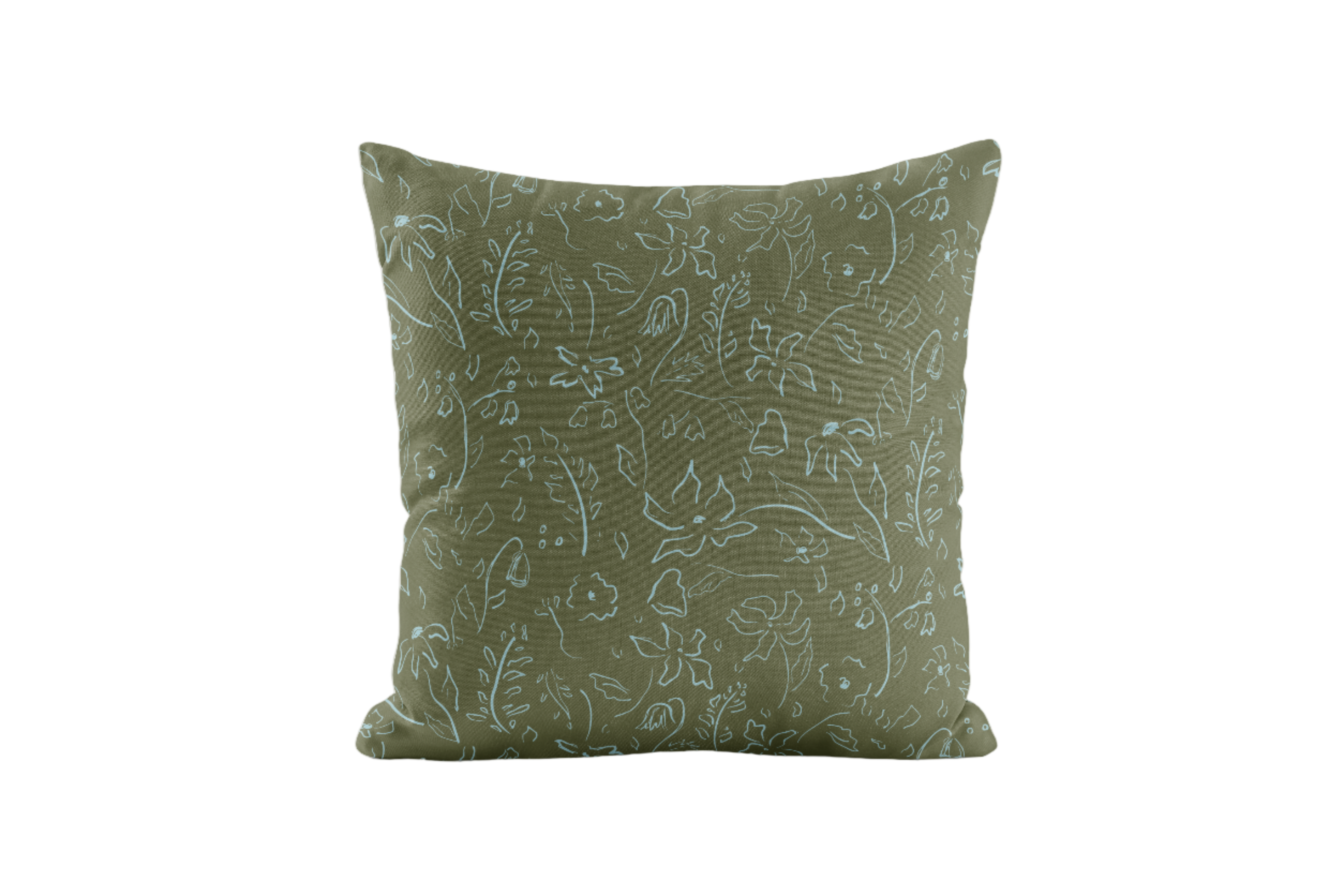 Pale blue floral pattern on green pillow cover, whimsical
