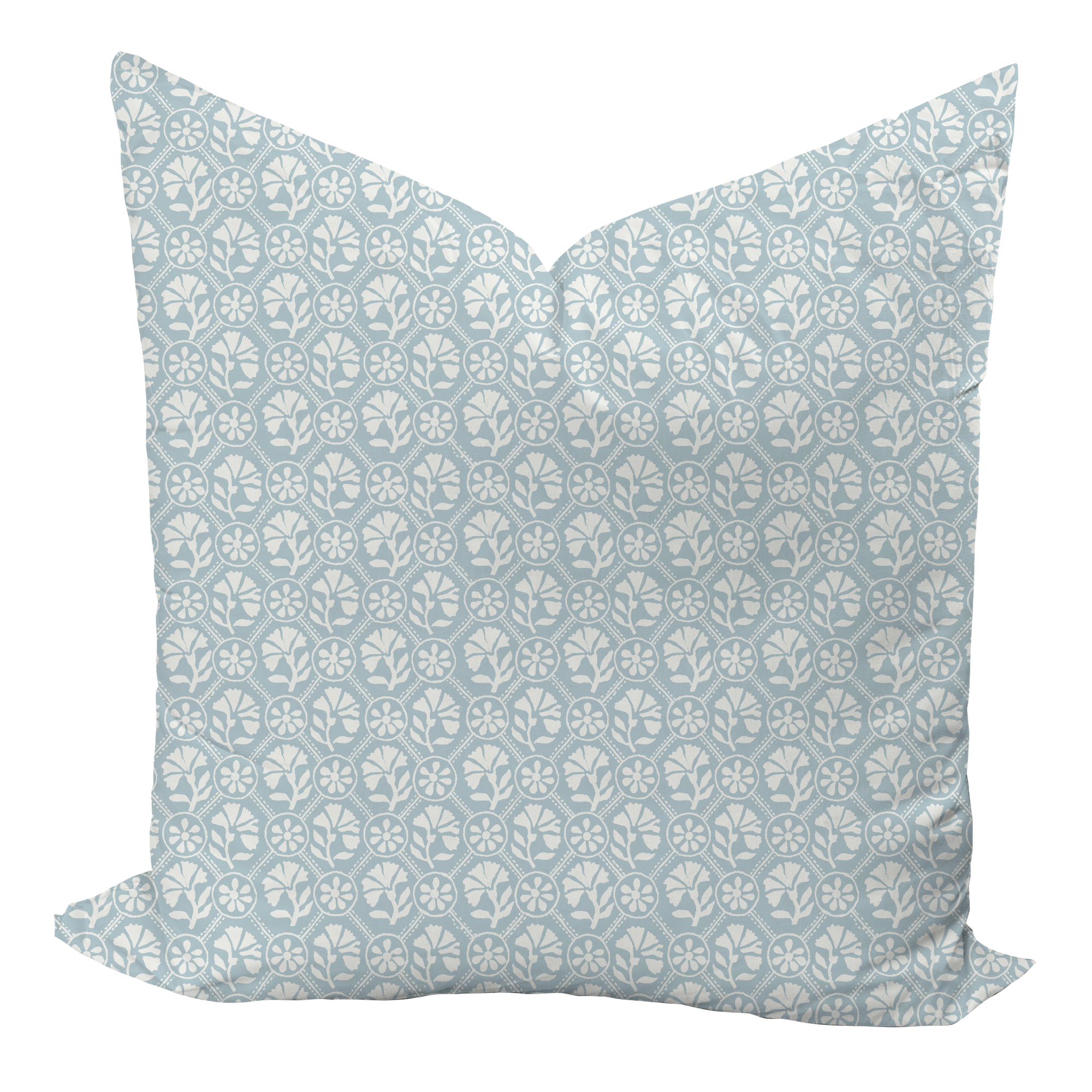 A square throw pillow with a blue floral, geometric pattern design.