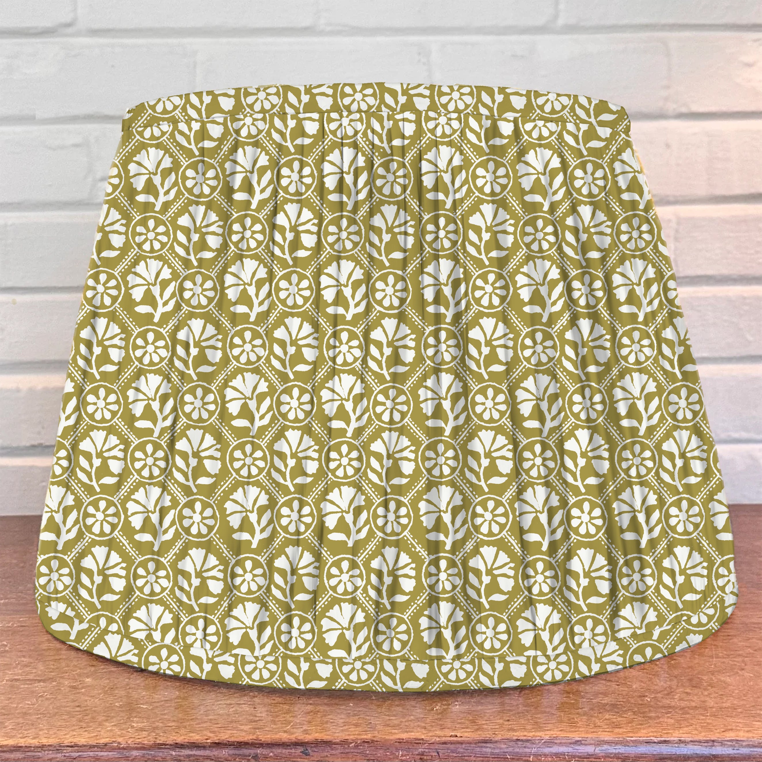 Floral block print lampshade in mustard color
