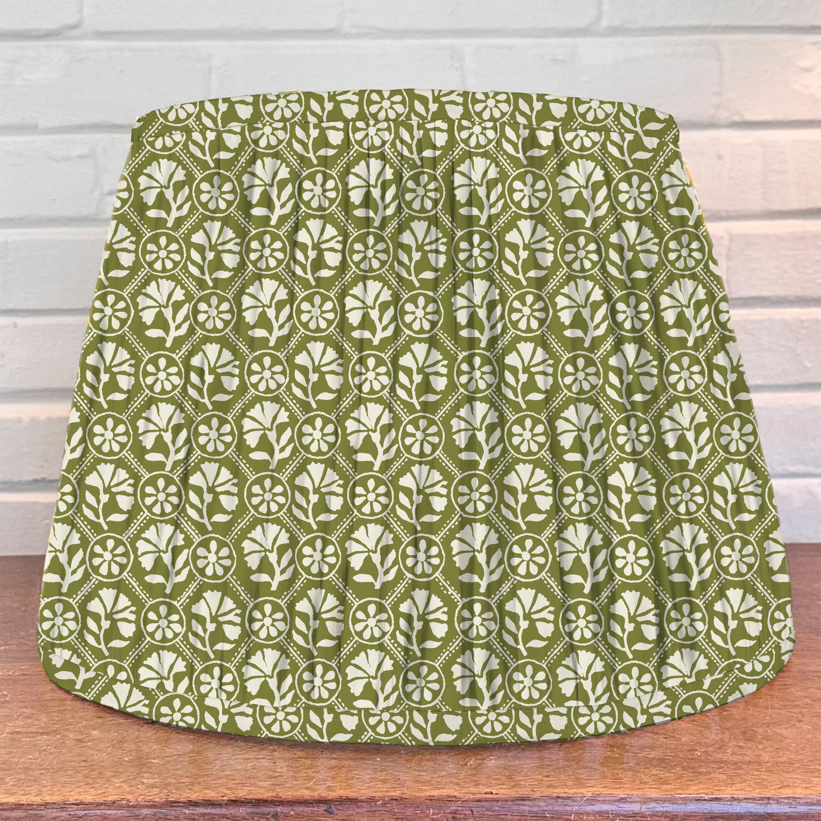 Floral block print lampshade in olive green