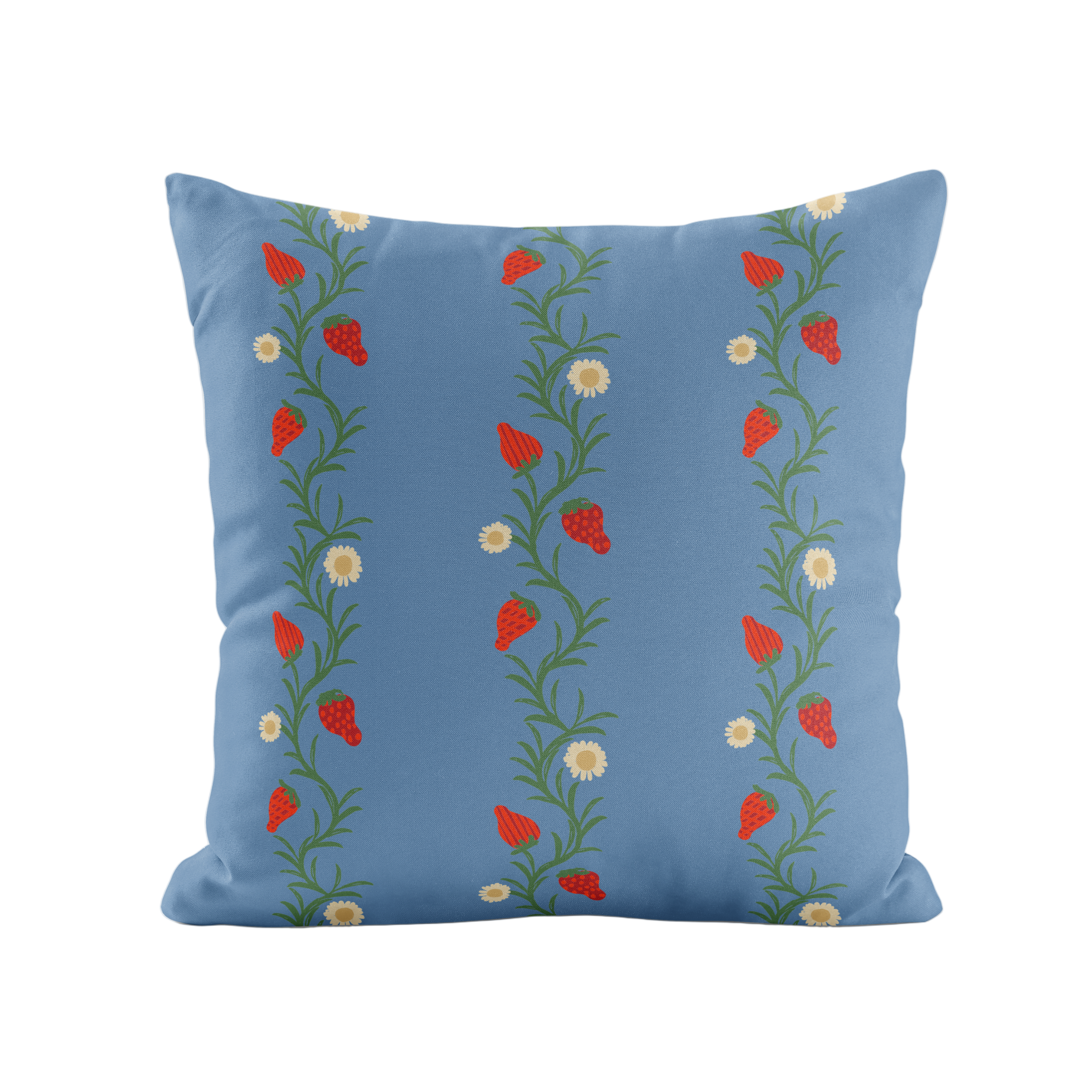 Decorative pillow with a strawberry vine pattern in blue and red