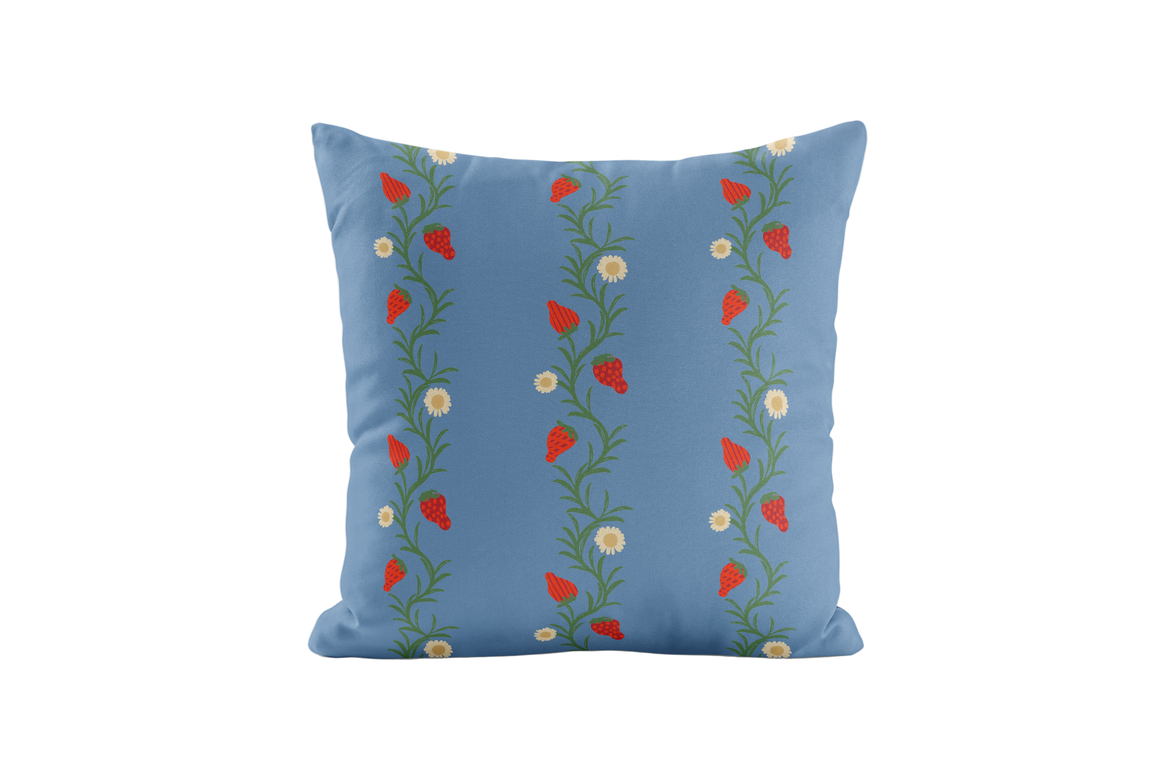 Decorative pillow with a strawberry vine pattern in blue and red