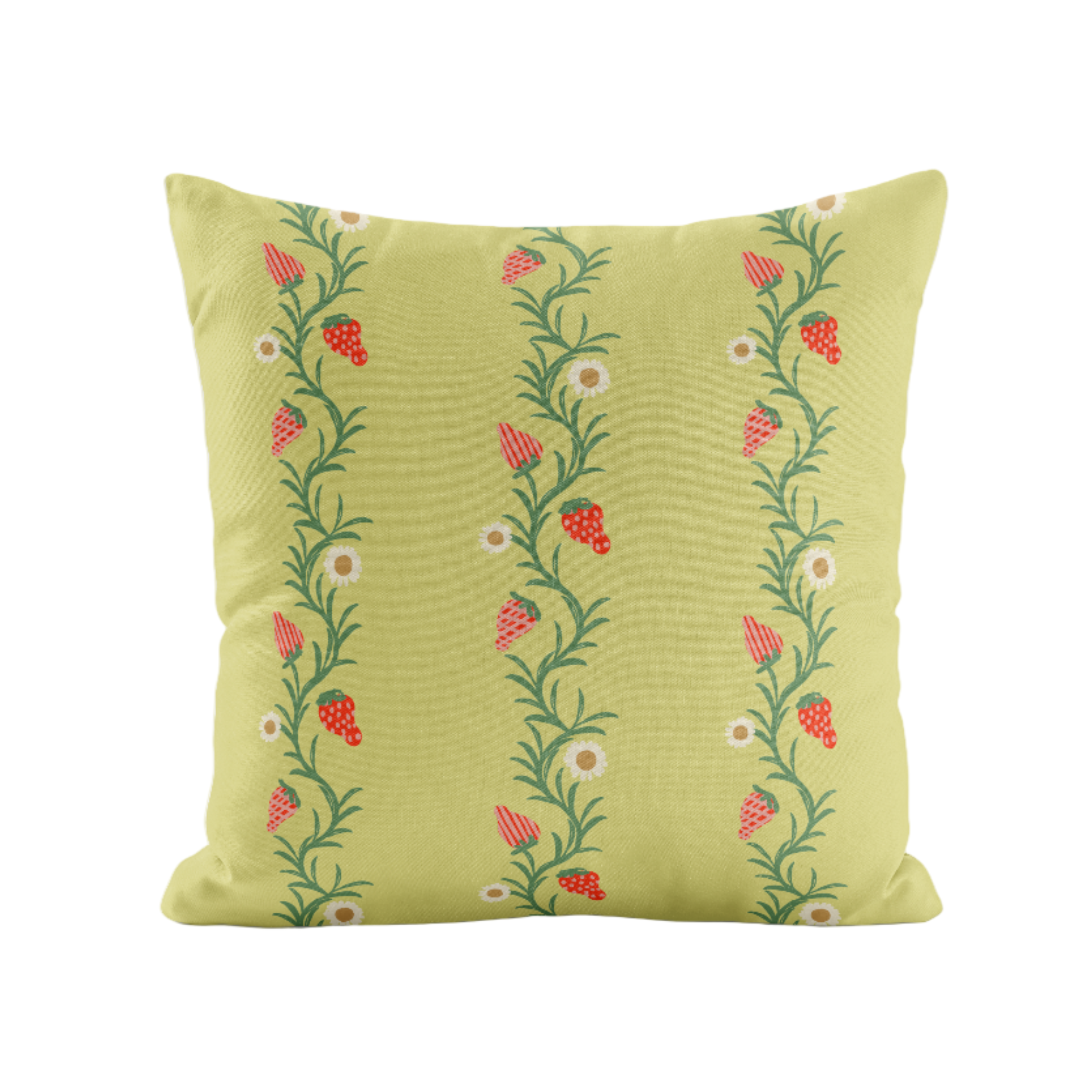 Chartreuse and Red pillow with a strawberry vine pattern