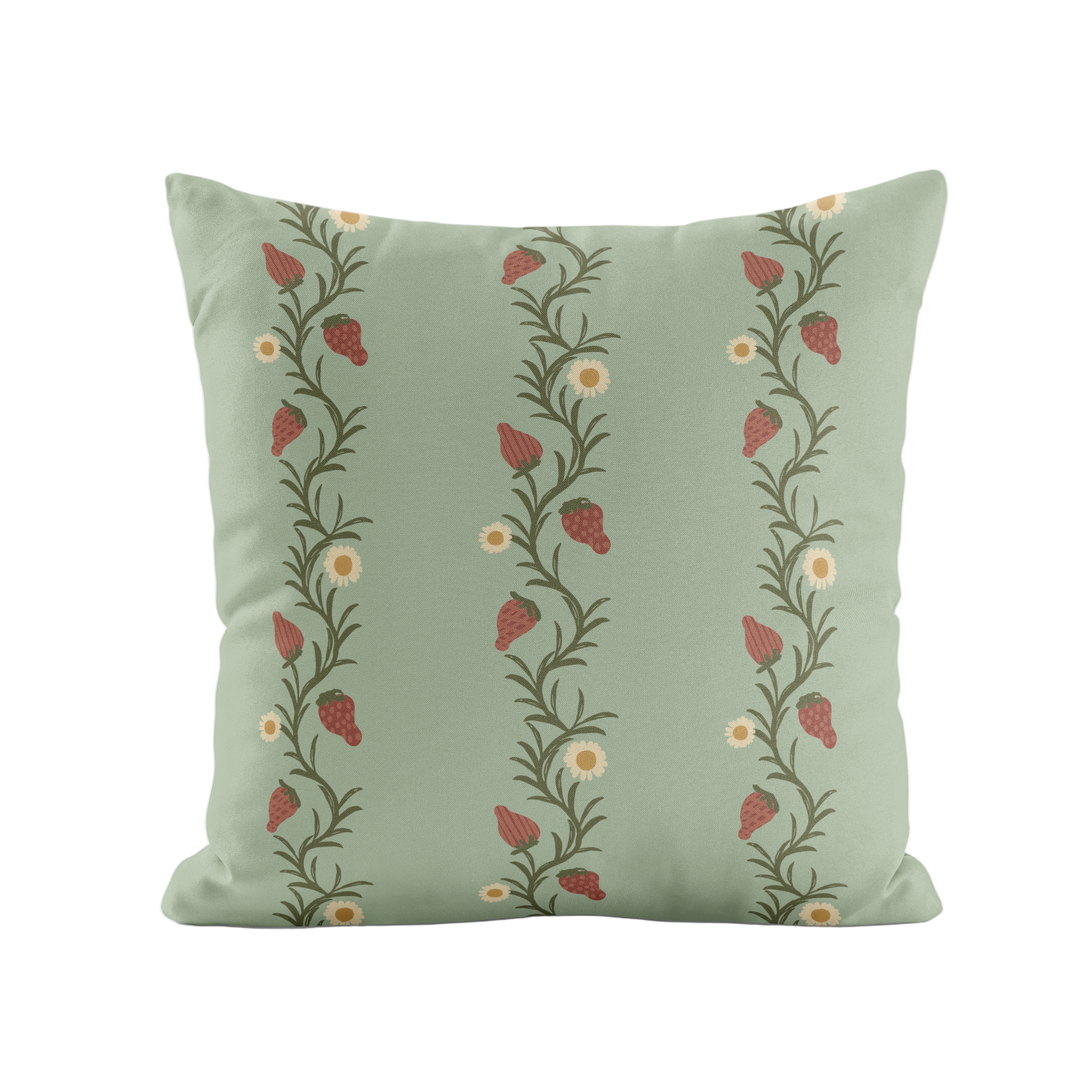 Strawberry vine patterned pillow in green and red.