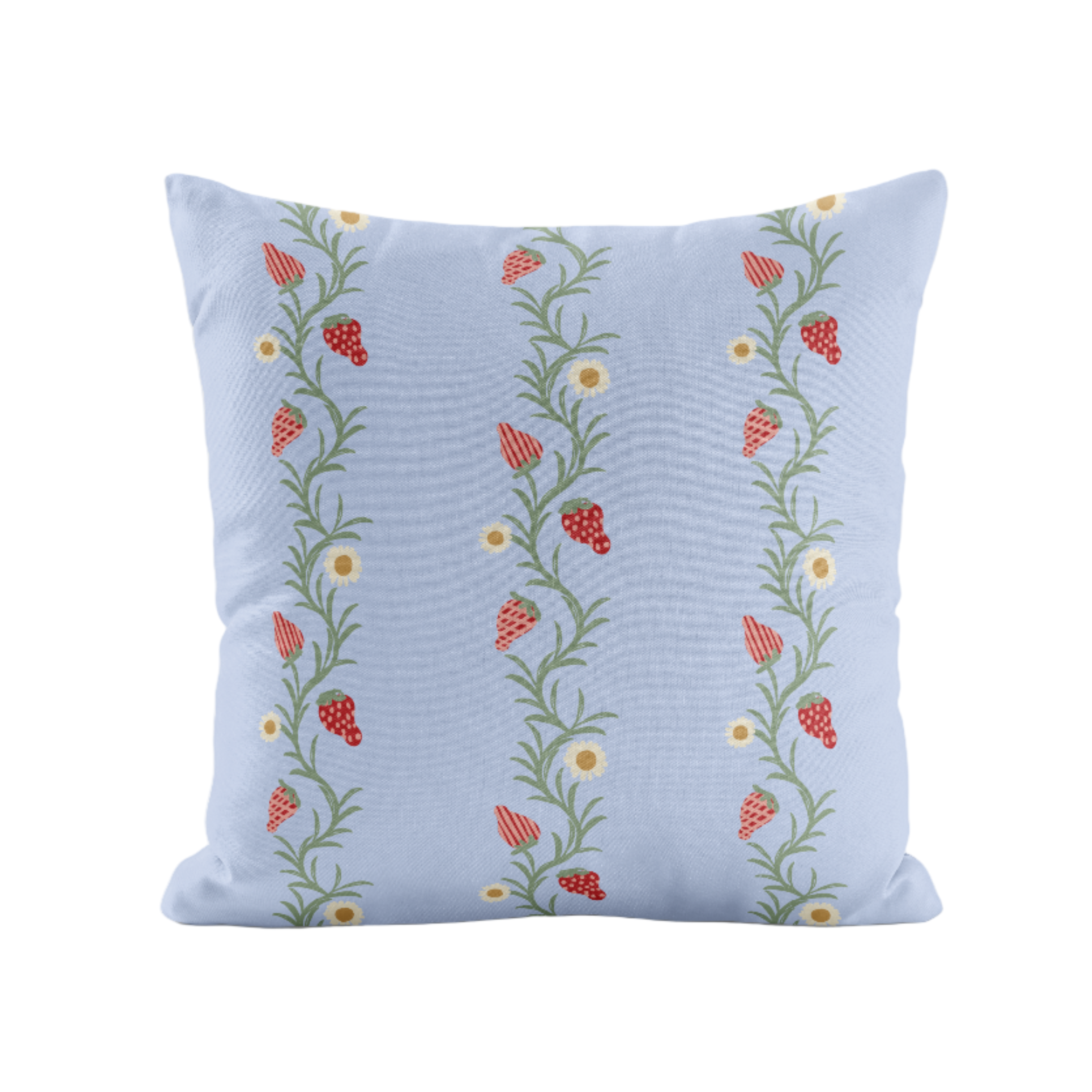 Strawberry vine patterned pillow in periwinkle and red