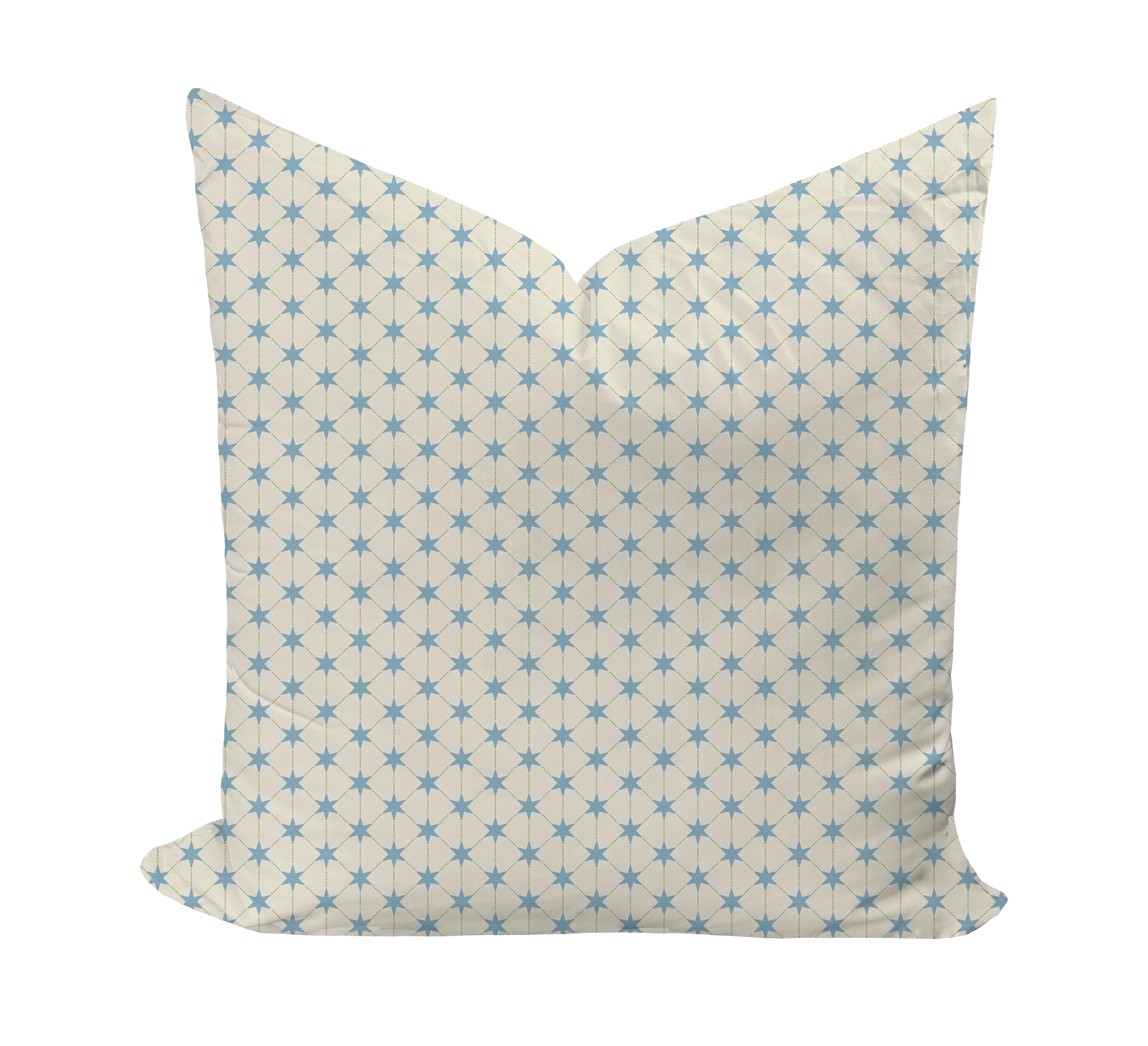 A square throw pillow with a cream background and a repeating light blue starburst geometric pattern, shown against a plain white background.