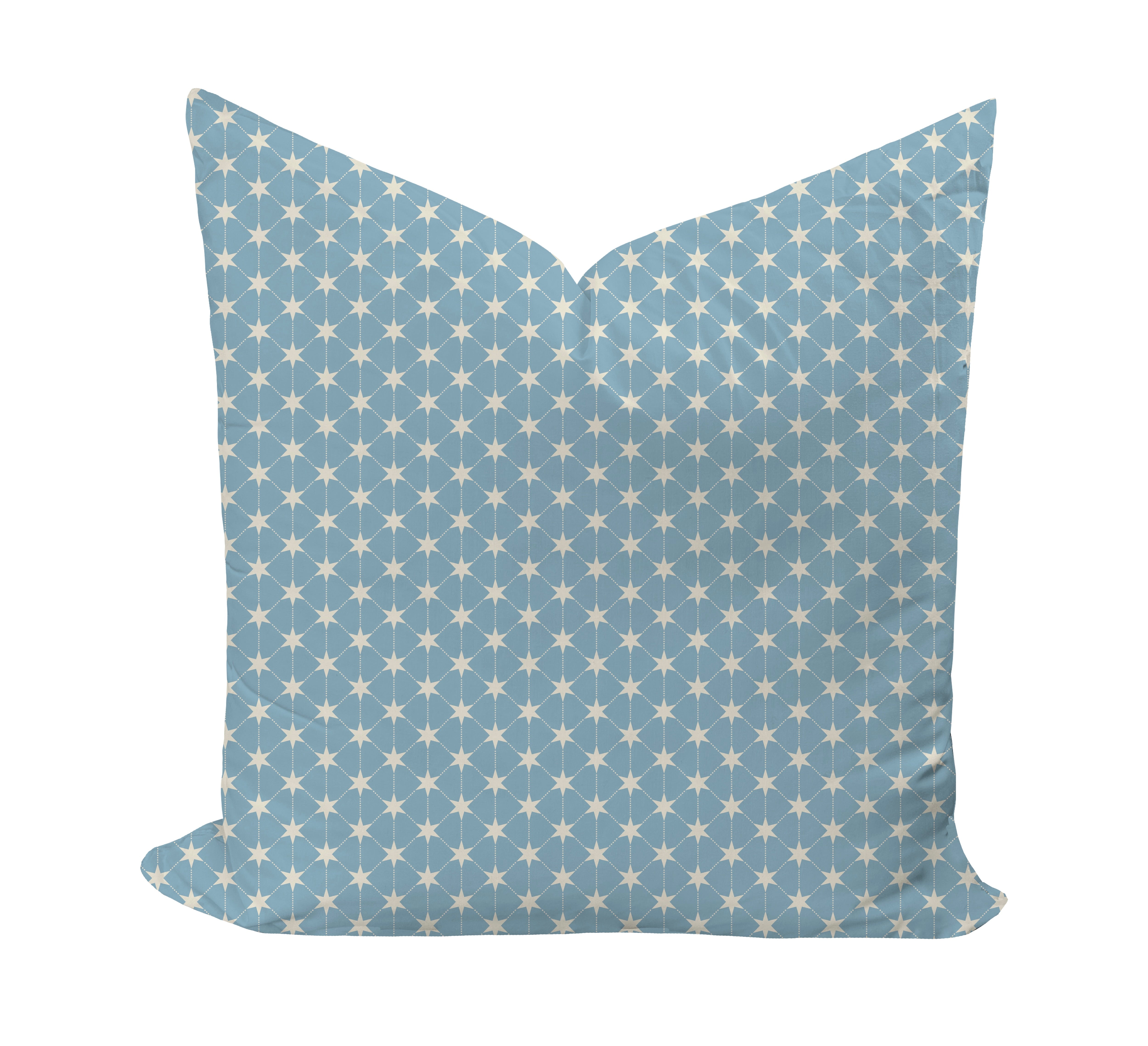 A square throw pillow featuring a light blue background with a repeating pattern of small white stars and geometric lines, shown against a plain white background.