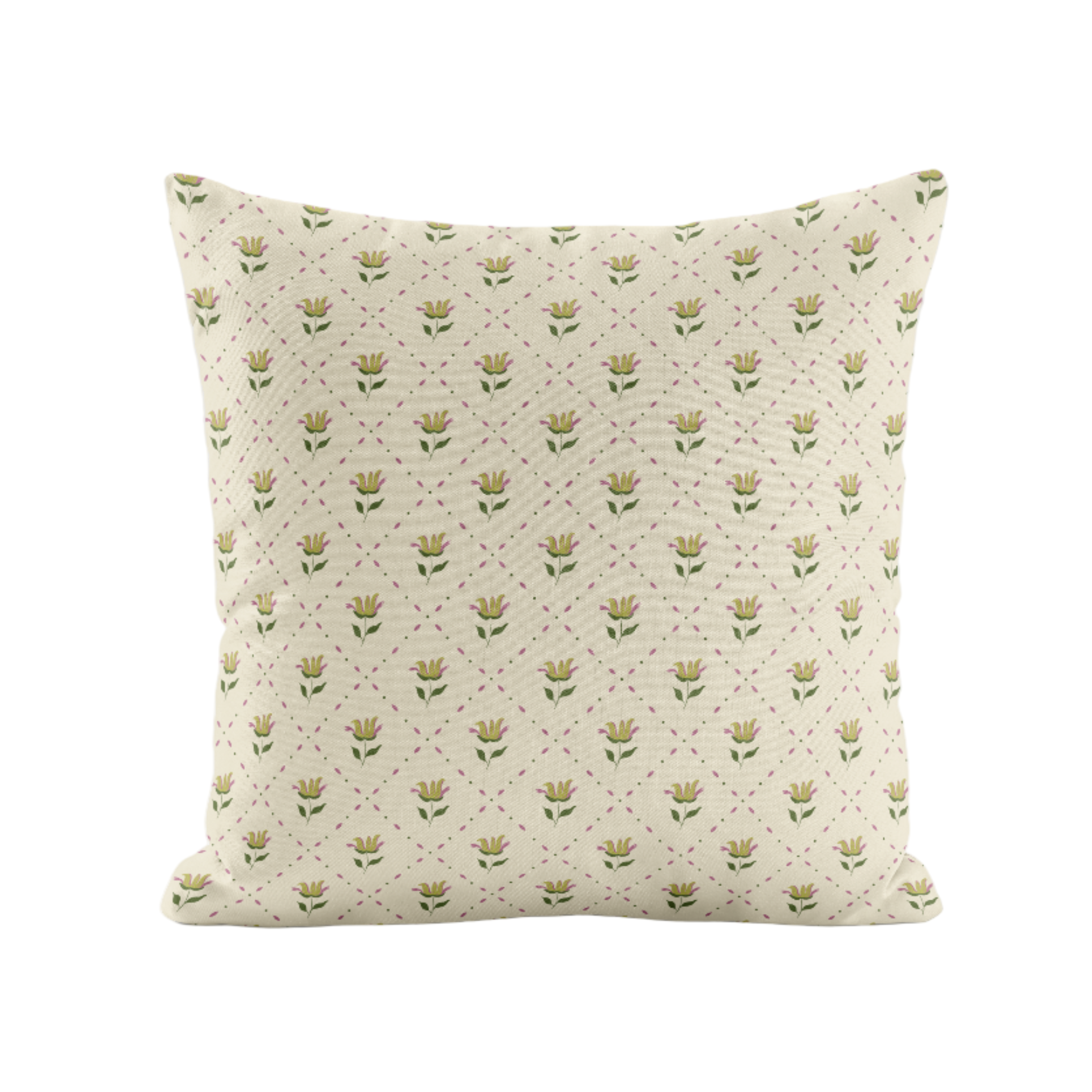 Decorative pillow with floral and trellis pattern in ivory and green
