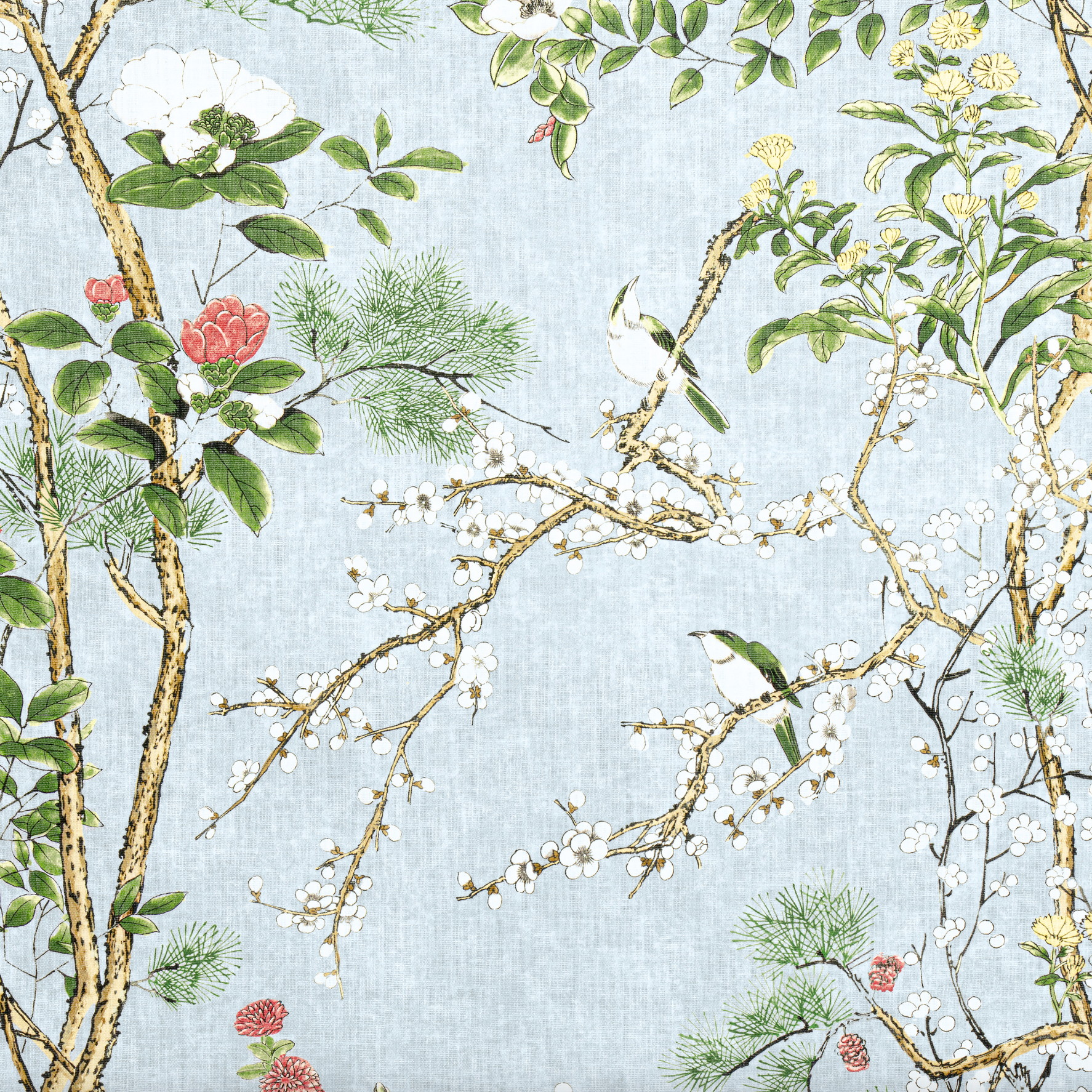 Botanical pattern with flowers, leaves, and branches on a light blue background fabric