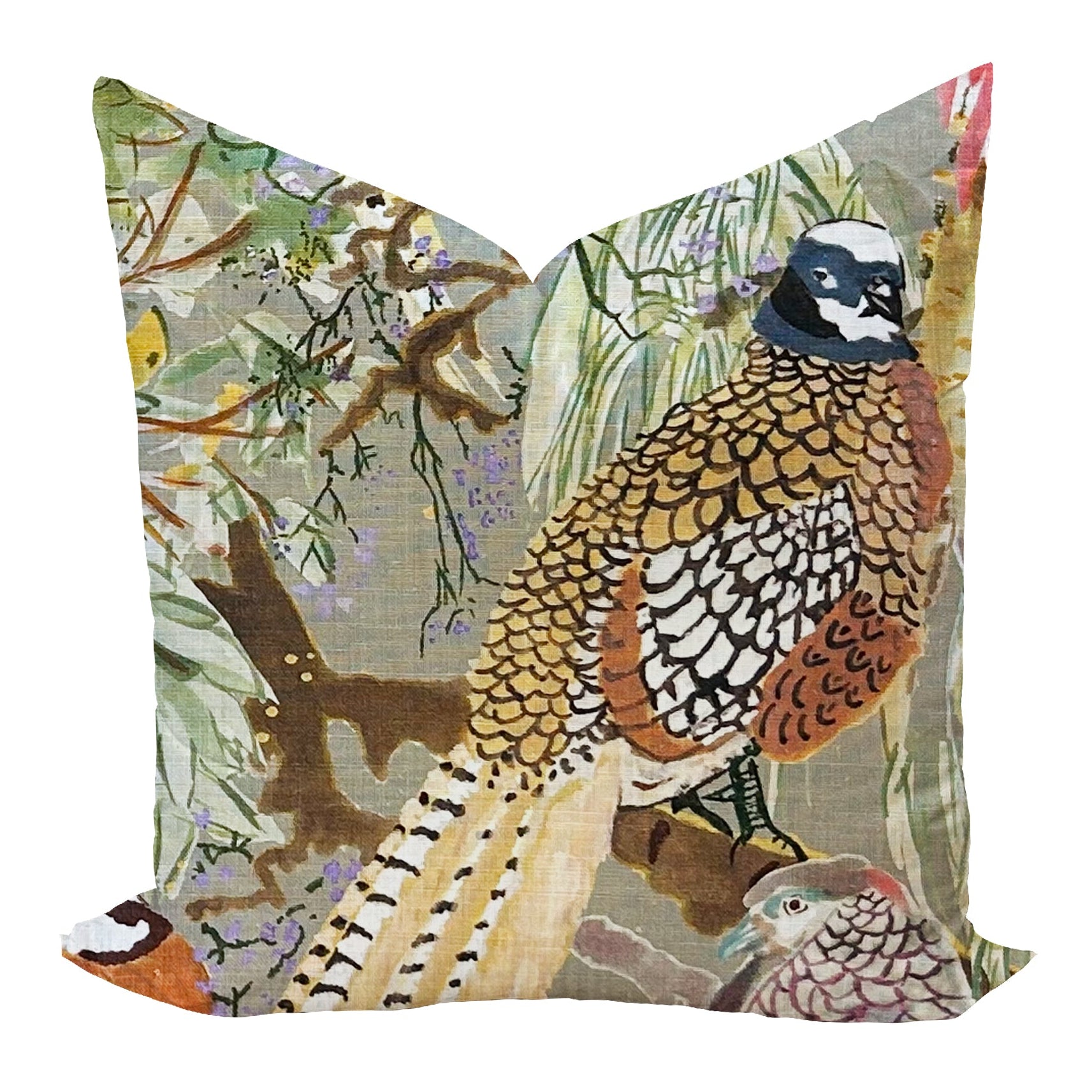 Decorative pillow with nature-themed design featuring birds and plants on a white background
