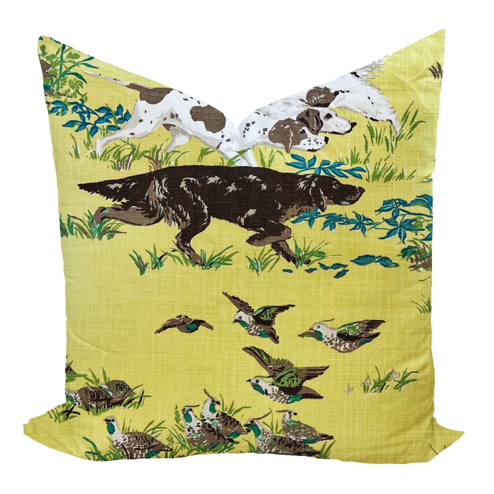 Decorative pillow with hunting-themed design featuring dogs and birds on a yellow background