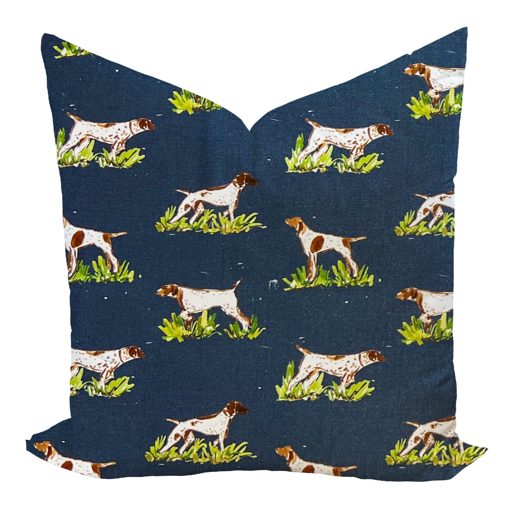 A square decorative pillow cover featuring a spaniel dog design on a blue background with grass and flowers.