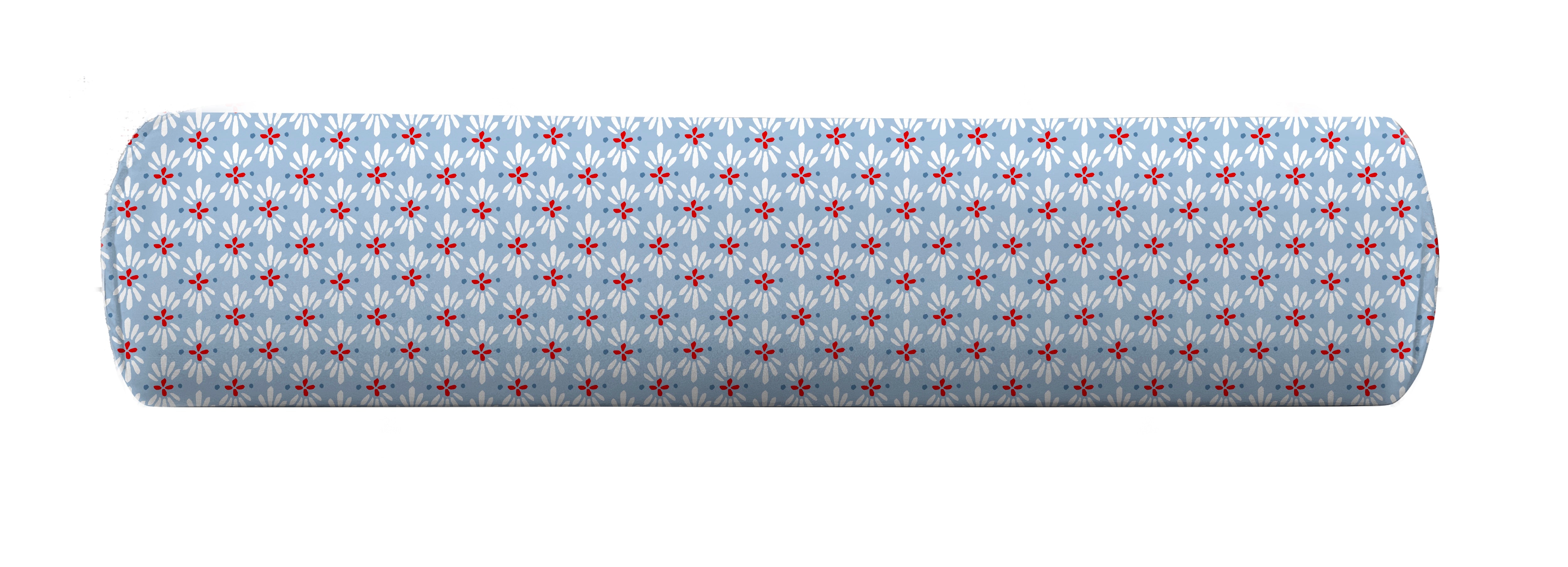 Geometric red and blue patterned bolster by Camilla Moss