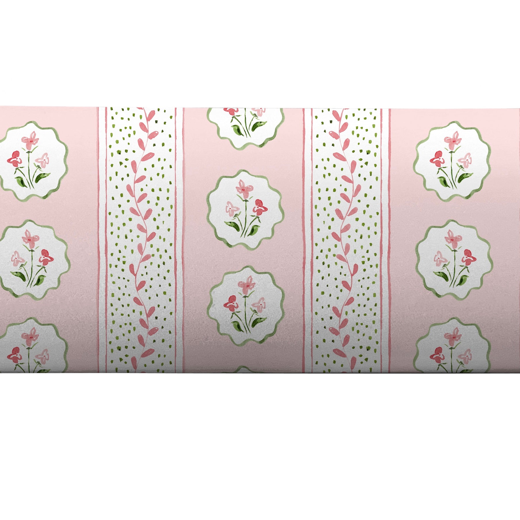 Bolster pillow cover featuring a pink and green floral pattern by Camilla Moss