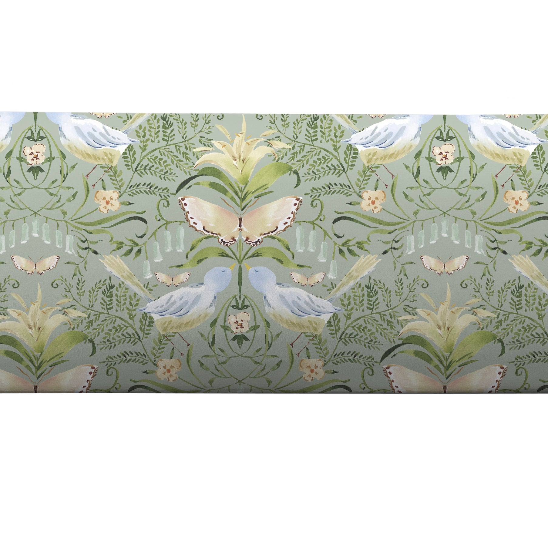 Bolster pillow cover with blue and green birds and butterflies by Camilla Moss