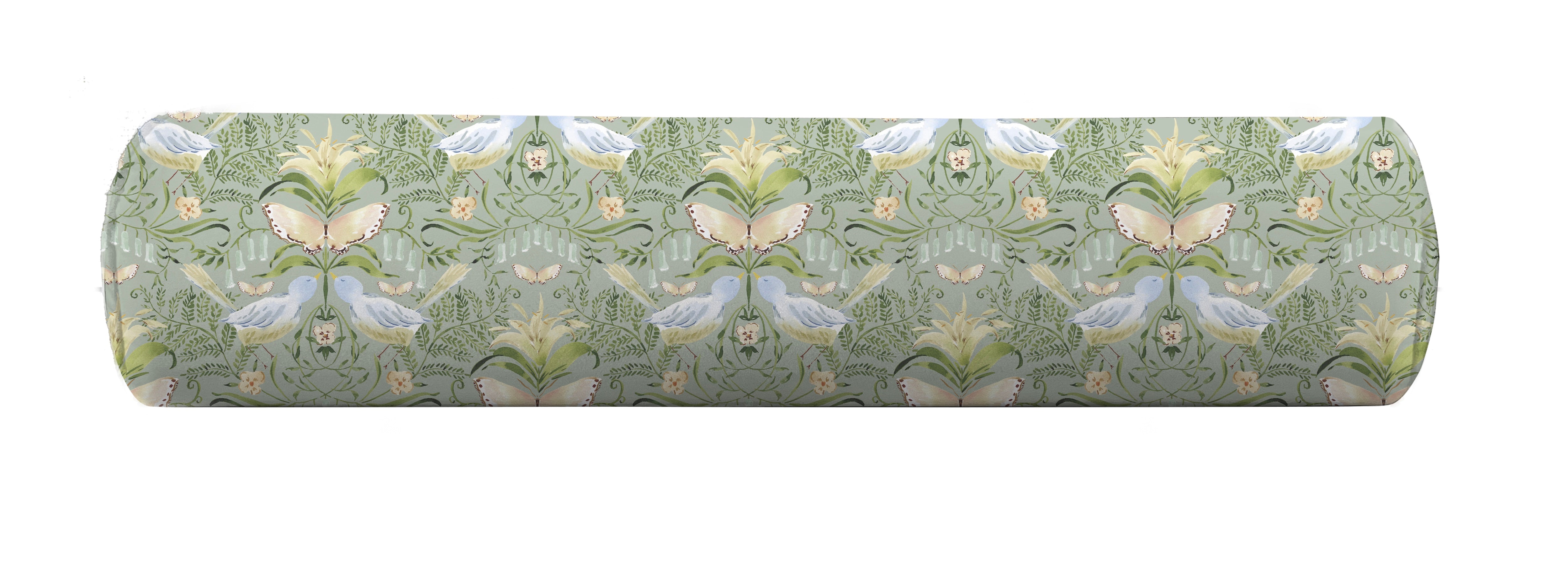 Bolster pillow cover with blue and green birds and butterflies by Camilla Moss