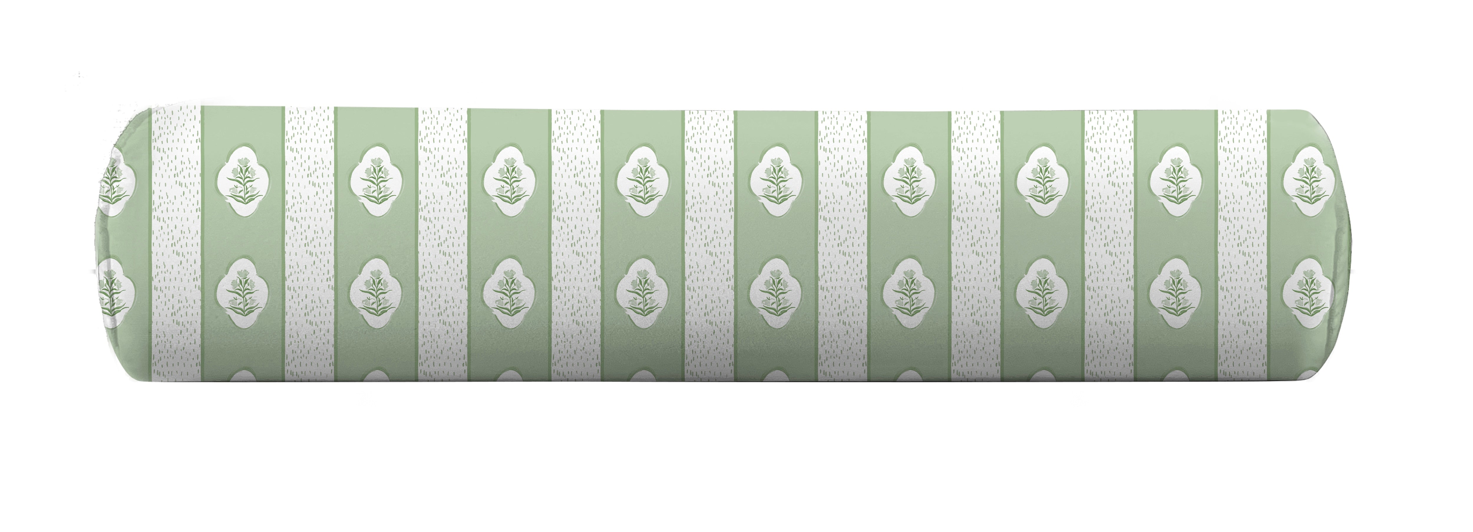 Bolster pillow cover in sage green floral pattern by Camilla Moss