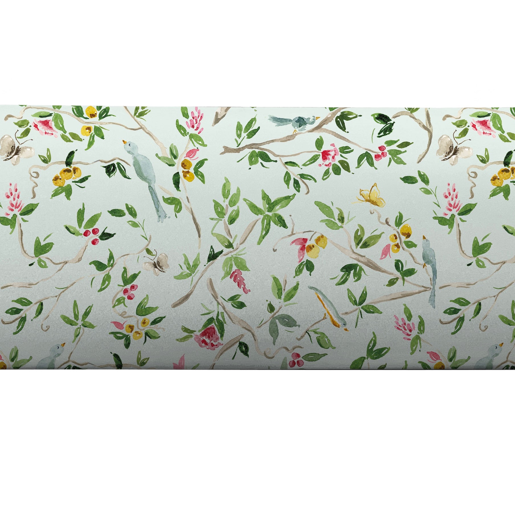 Bolster pillow cover in seaglass with flowers and birds by Camilla Moss