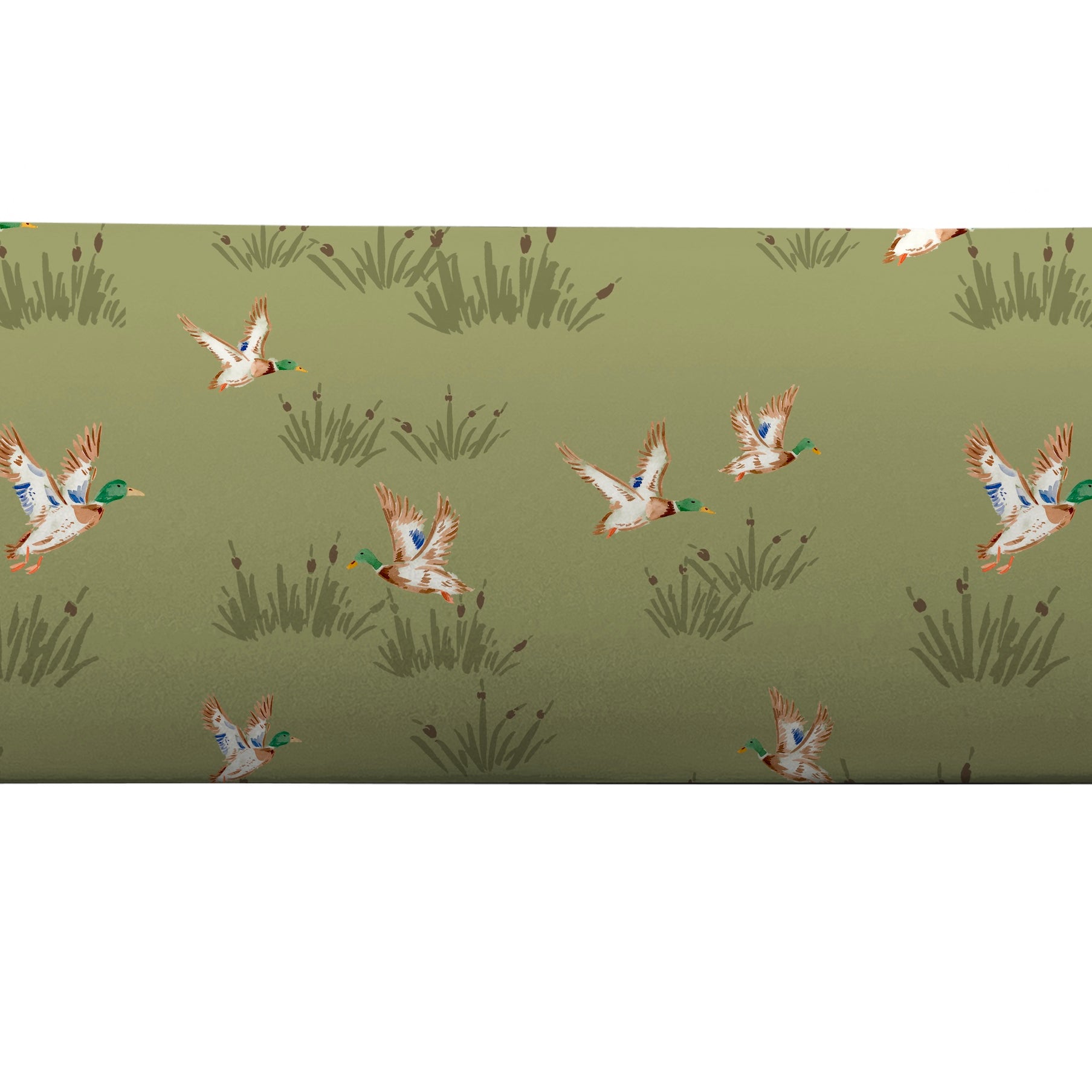 Bolster pillow cover in olive green with mallard ducks by Camilla Moss