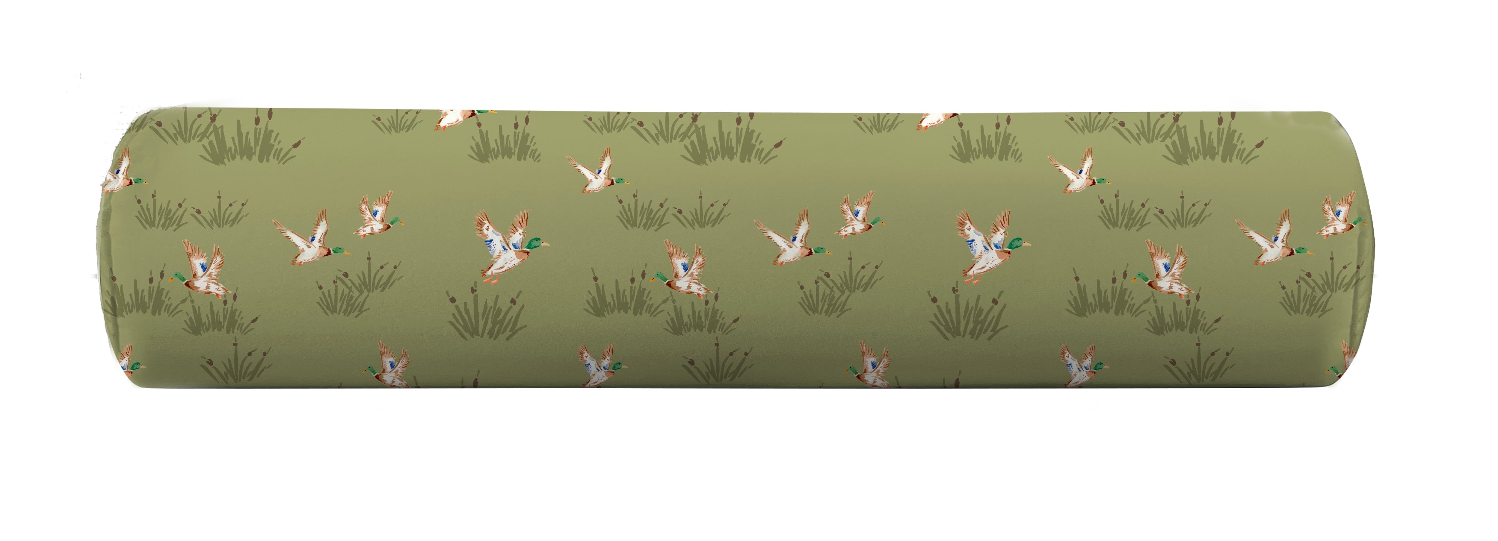 Bolster pillow cover in olive green with mallard ducks by Camilla Moss