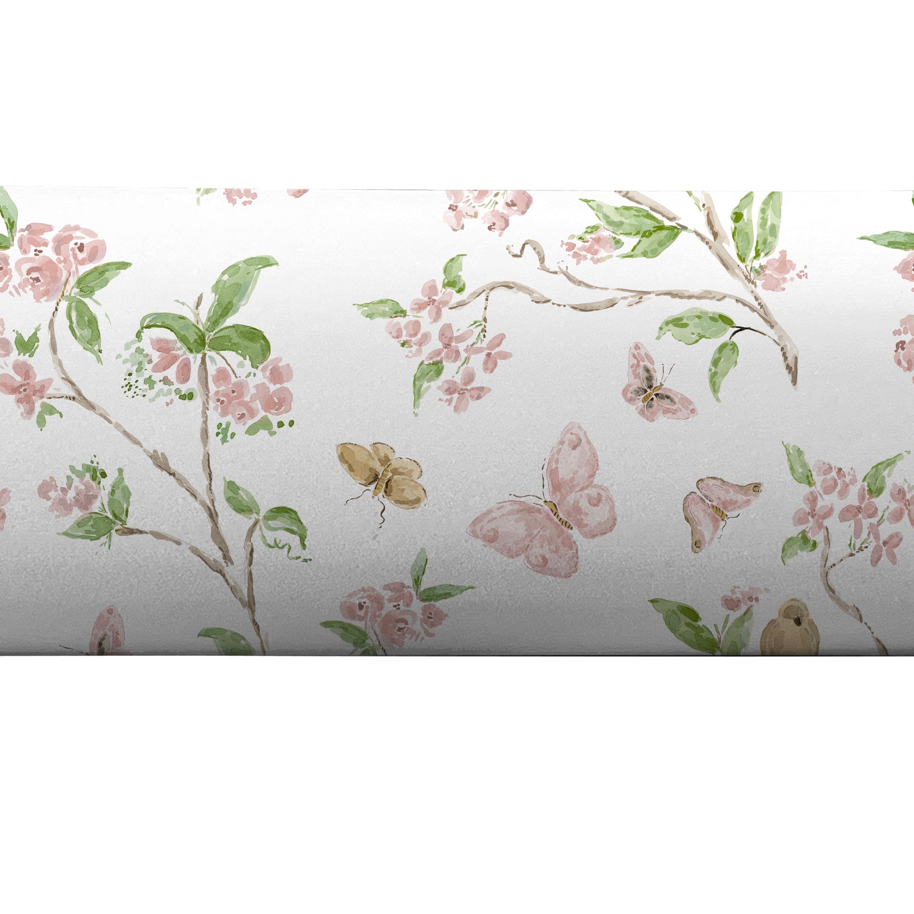 Bolster pillow cover with butterflies in pink and green by Camilla Moss