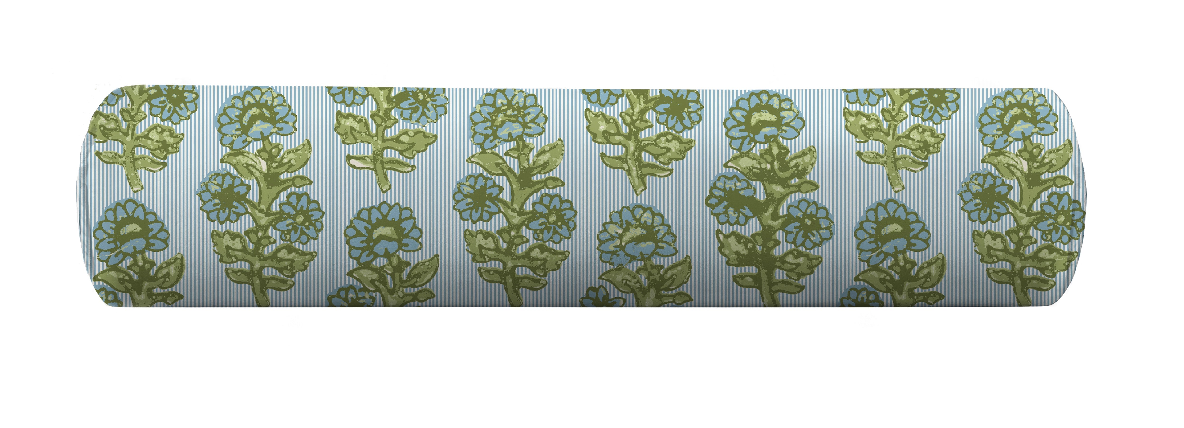 Floral and striped bolster pillow cover in blue and green