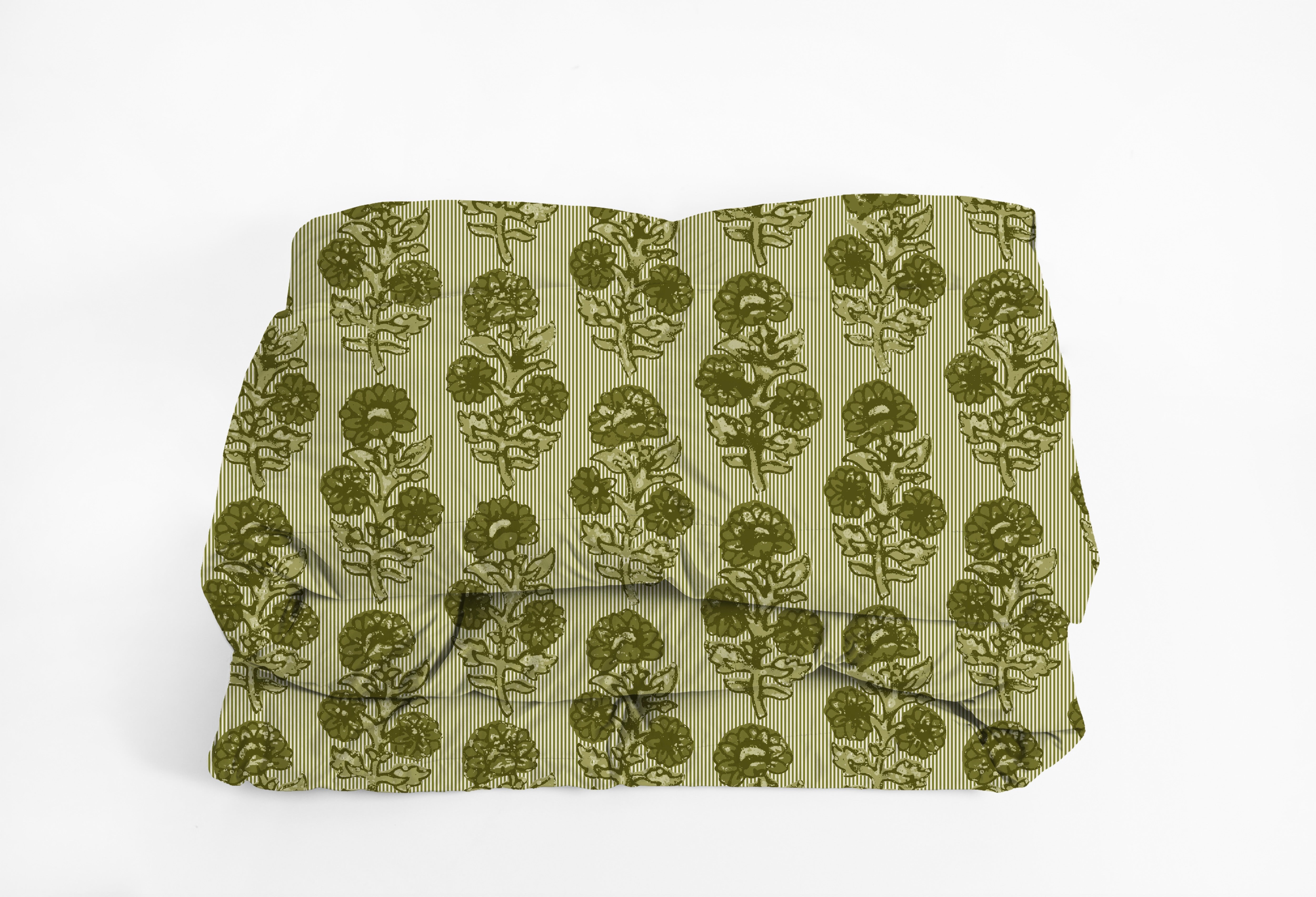 Floral and striped comforter in olive