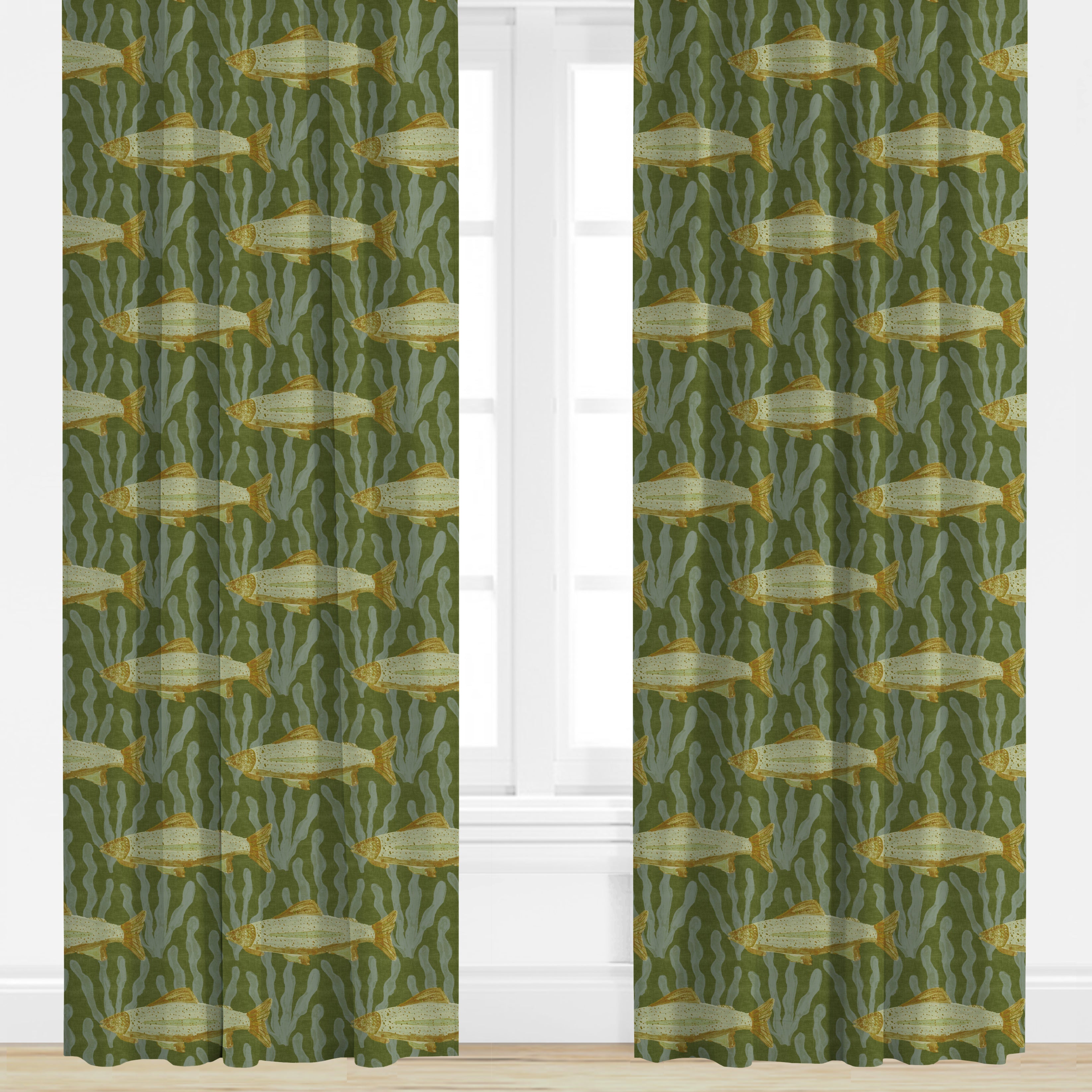 Fish pattered drapes with a green background