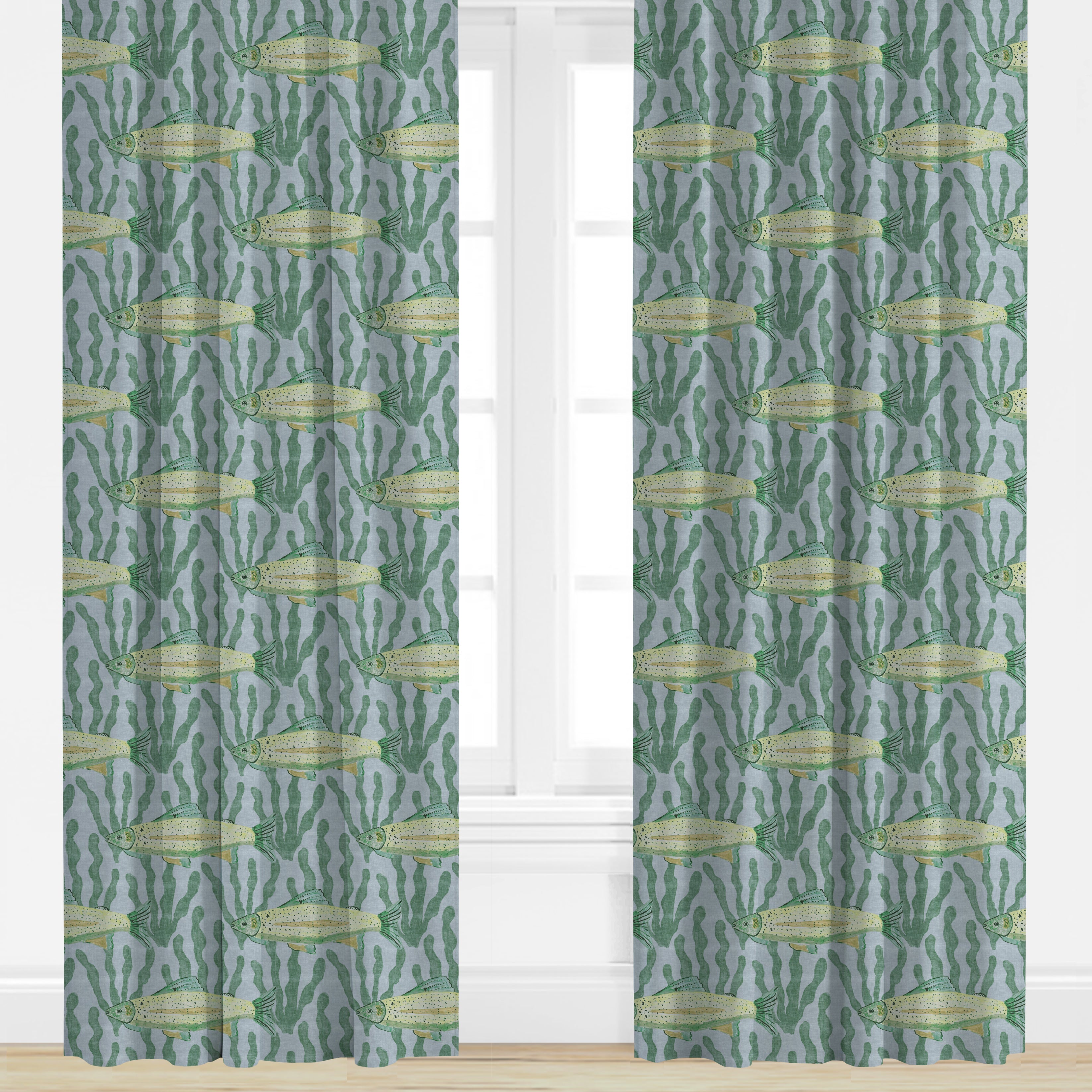 Curtains with fish pattern on a green and blue background