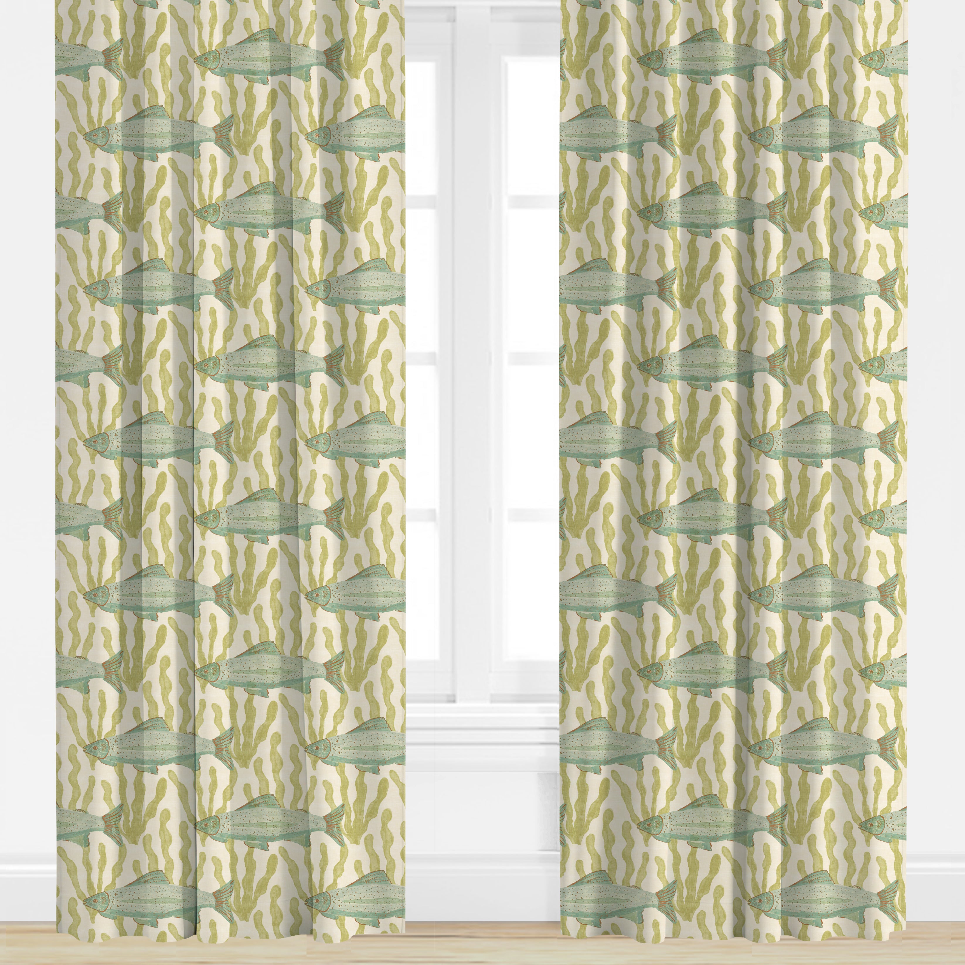 Curtains with a fish pattern in green and beige on a white background