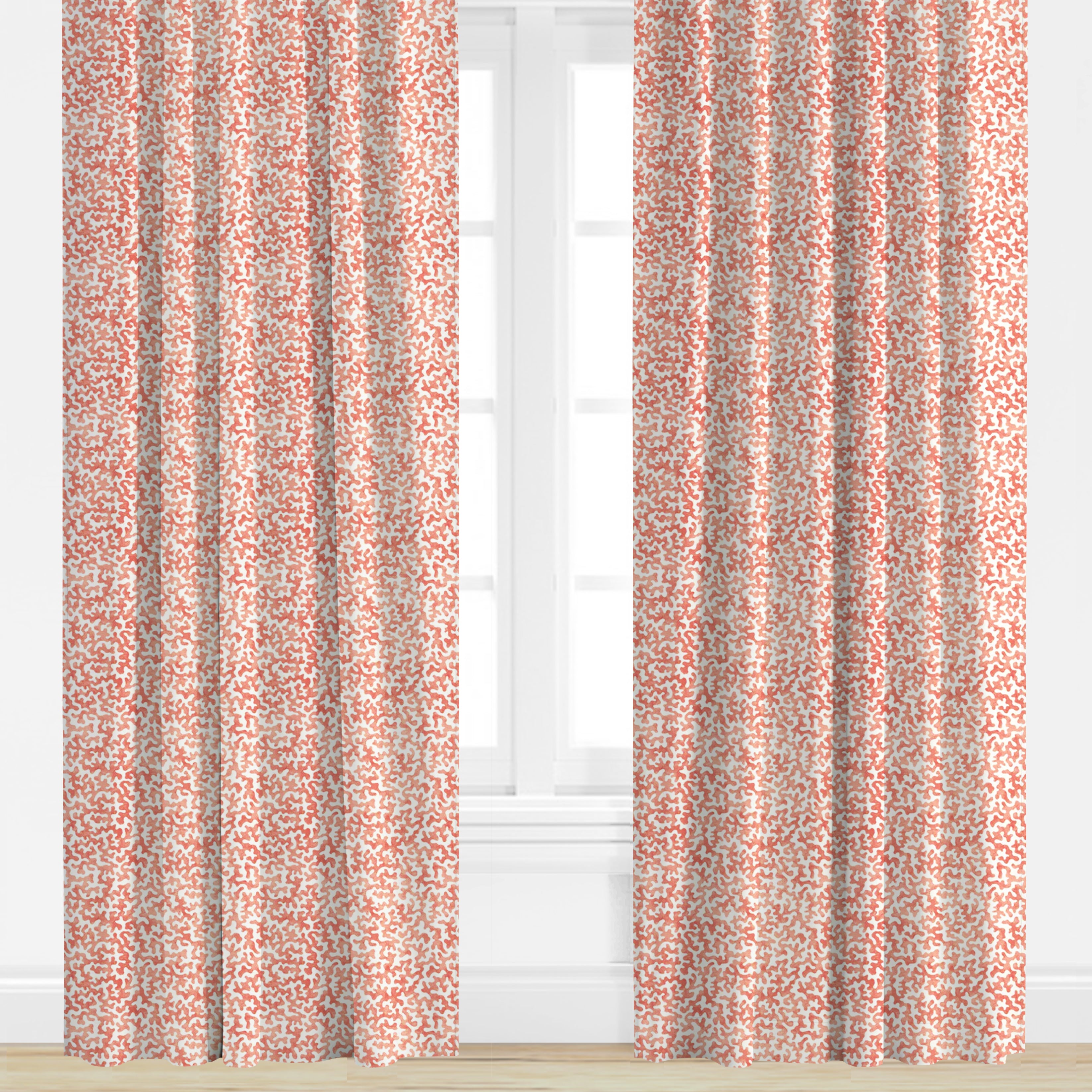 Coral patterend drapery panel in coral