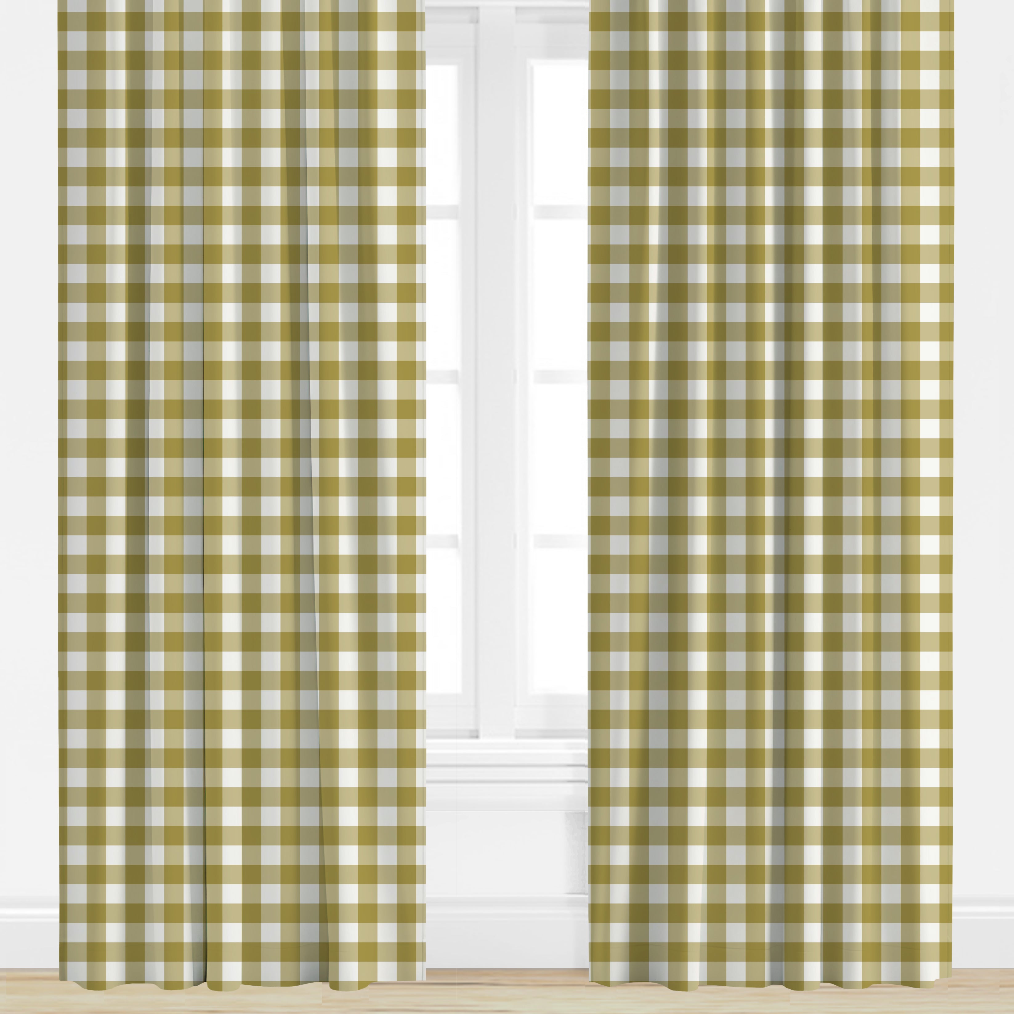 Yellow and white checkered curtains on a window with a white background