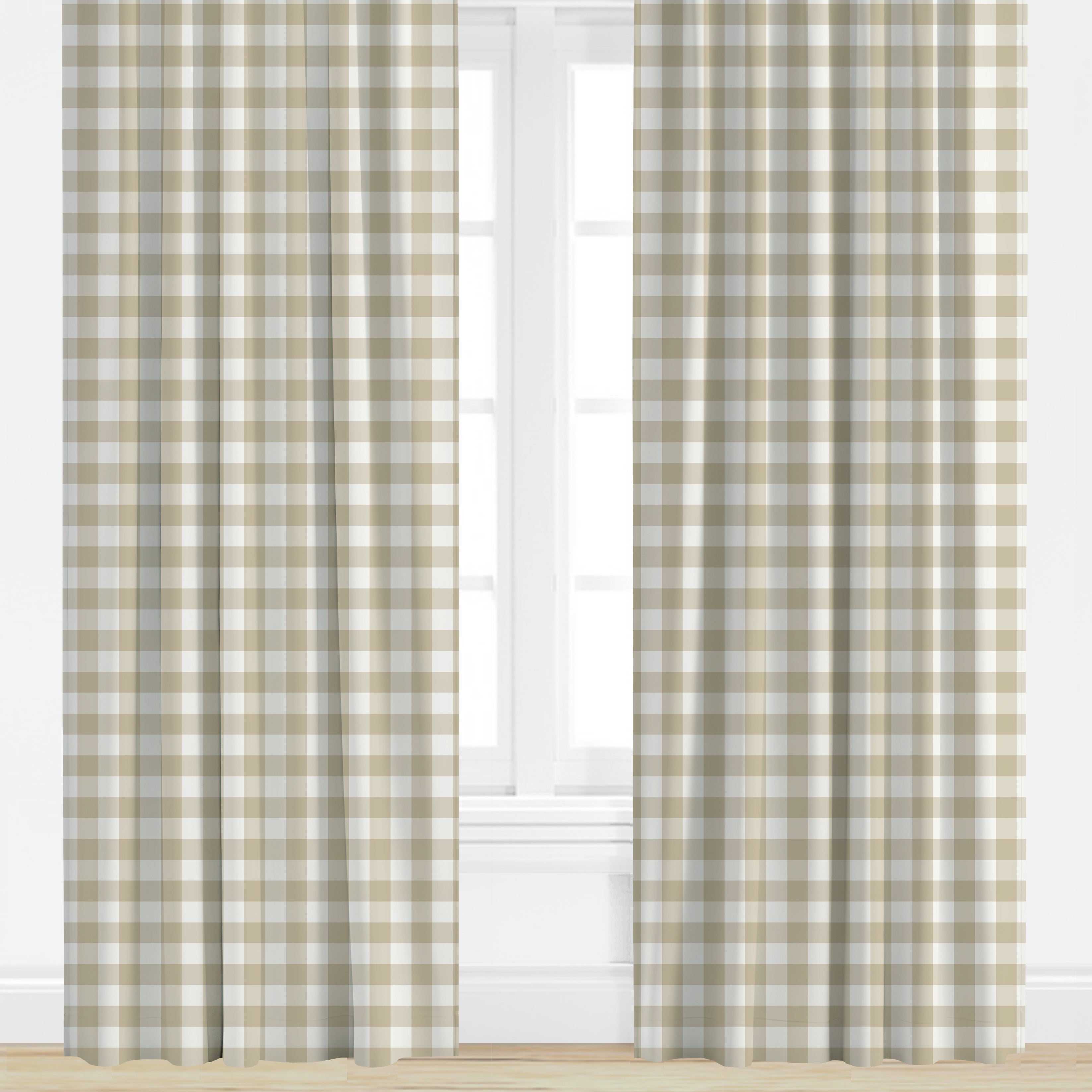 Plaid curtains in beige and white on a white background