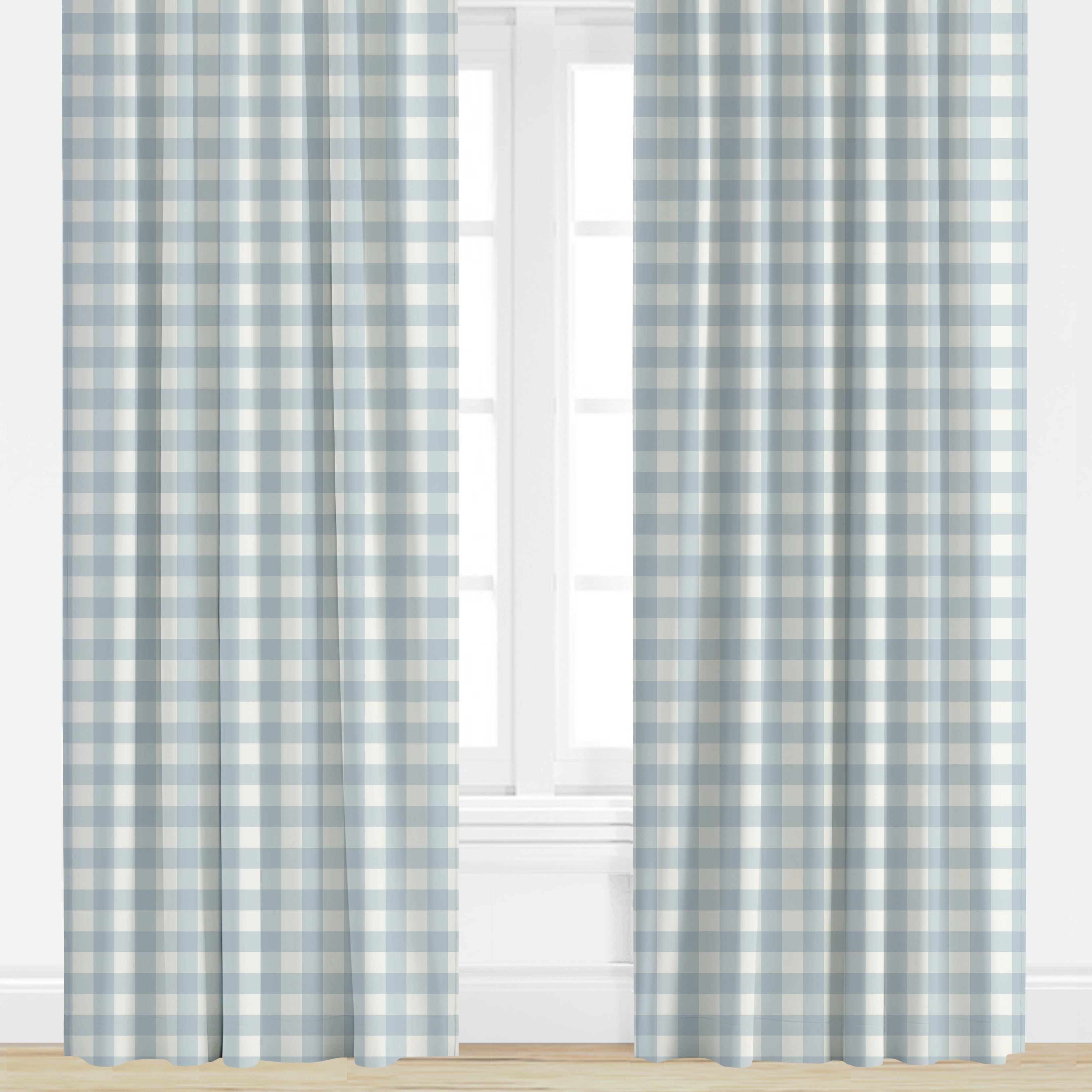 Checkered drapes in blue and white with a window in the background