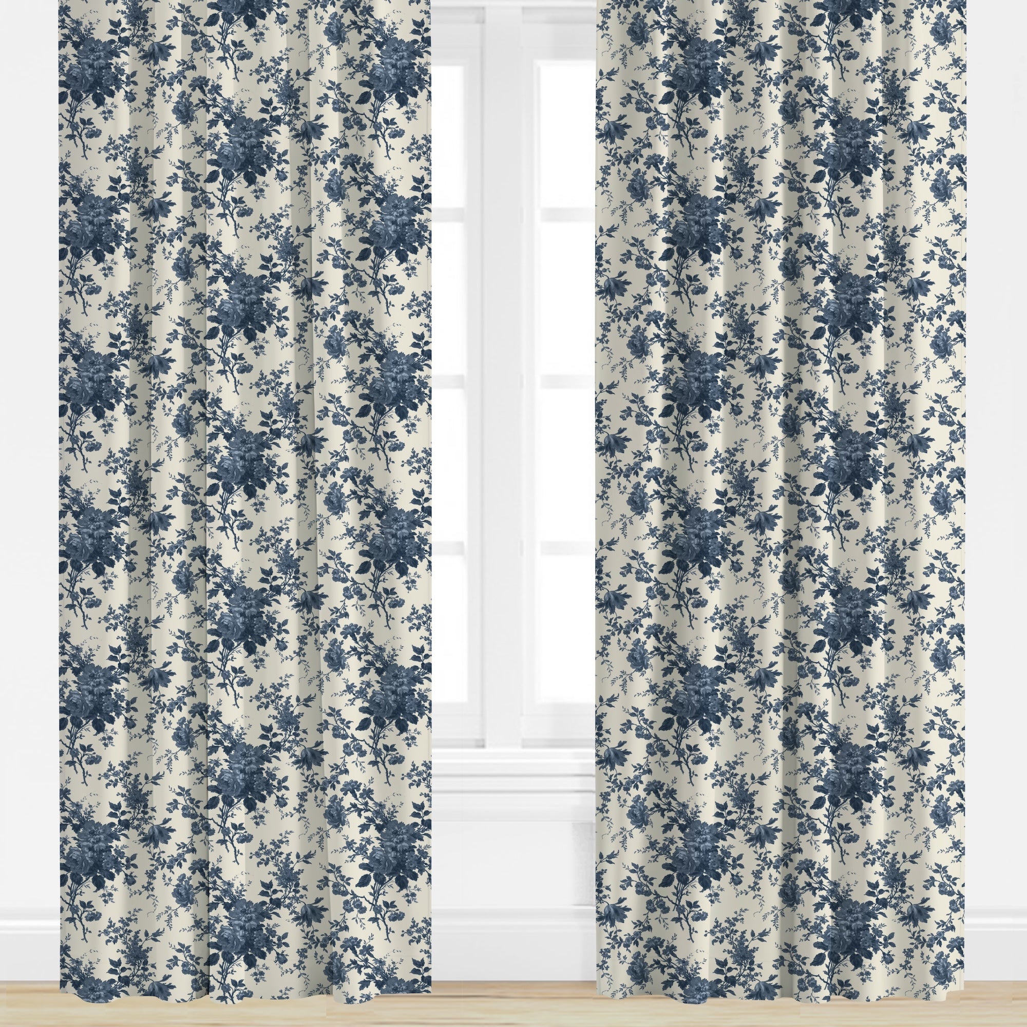 Floral patterned curtains with blue flowers on a white background
