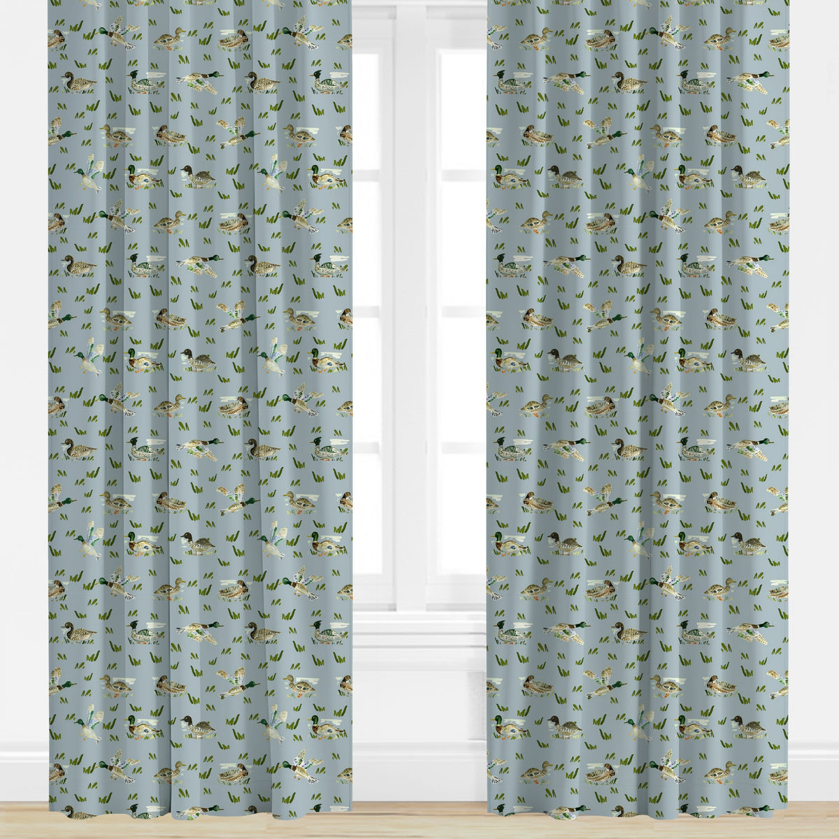 Blue drapery with mallard duck pattern by evelyn henson