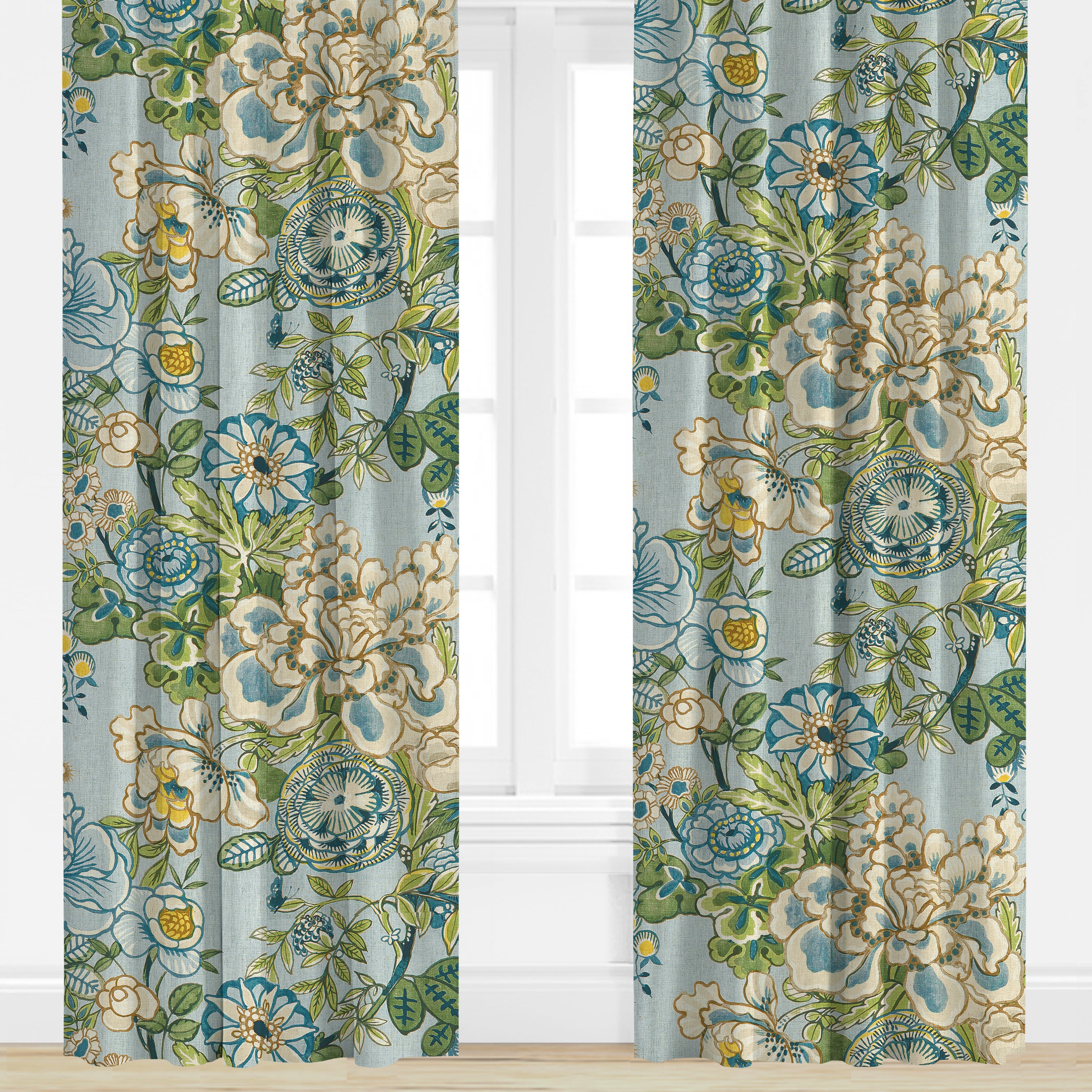 Peony Garden in Spa Blue by Thibaut Drapery
