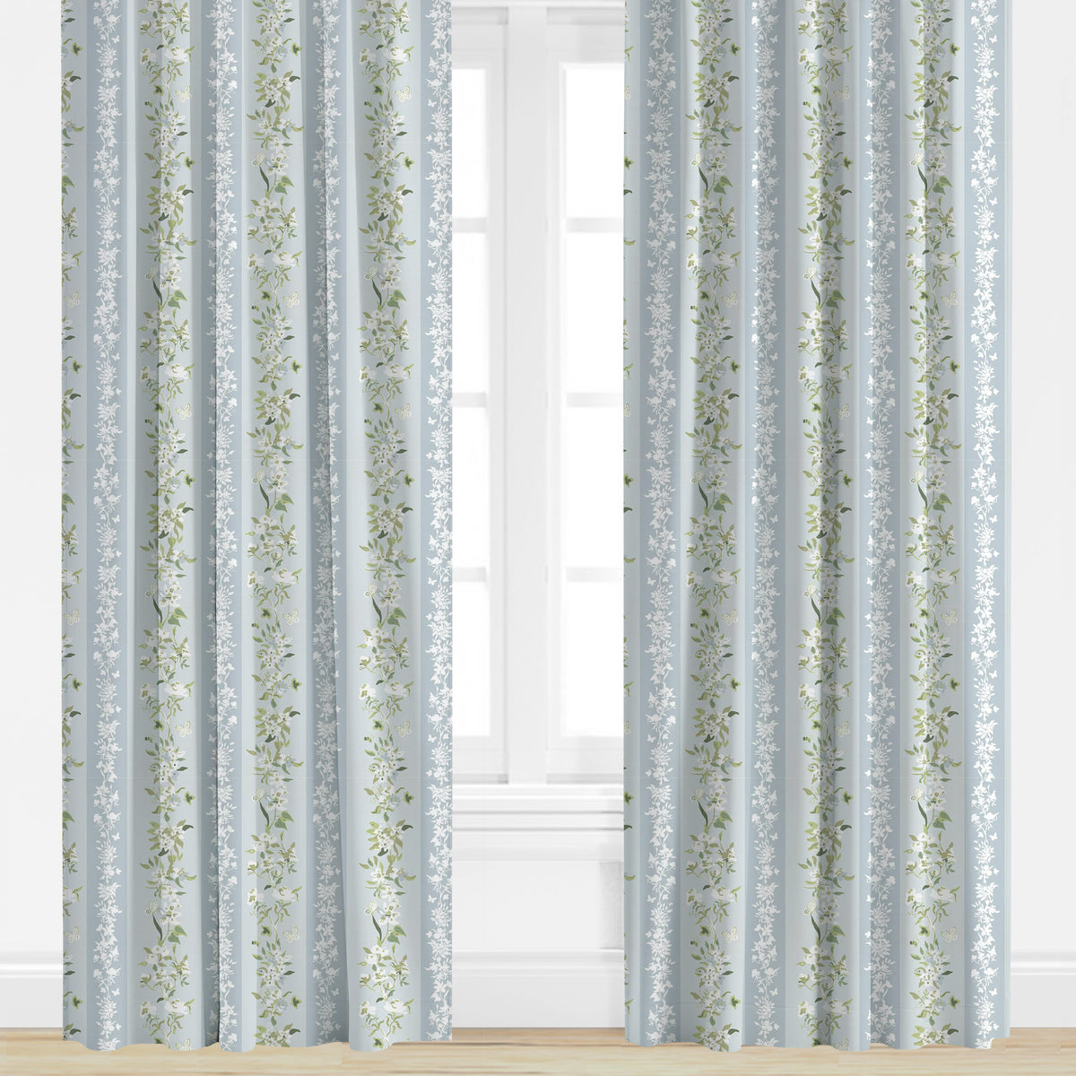 Floral patterned drapes in blue and green by Evelyn Henson