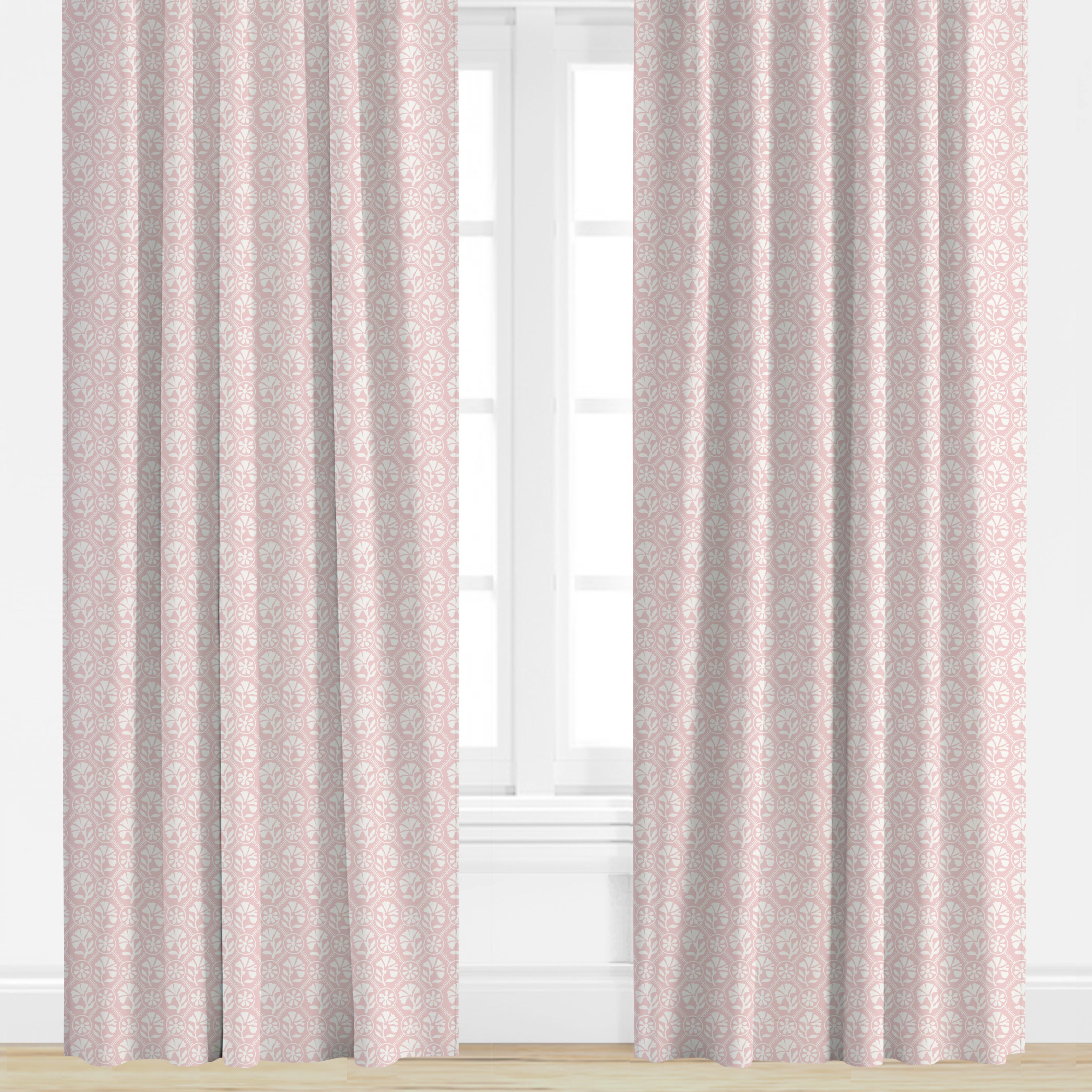 Patterned pink curtains on a white background