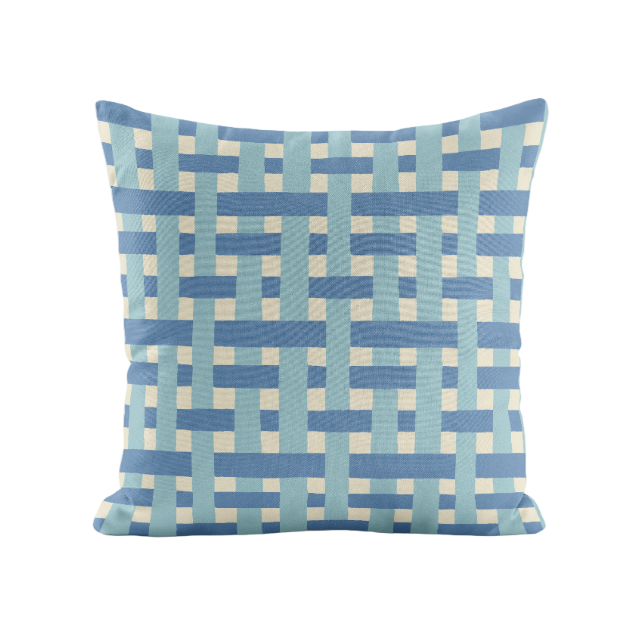 Decorative pillow with blue woven geometric pattern on a white background
