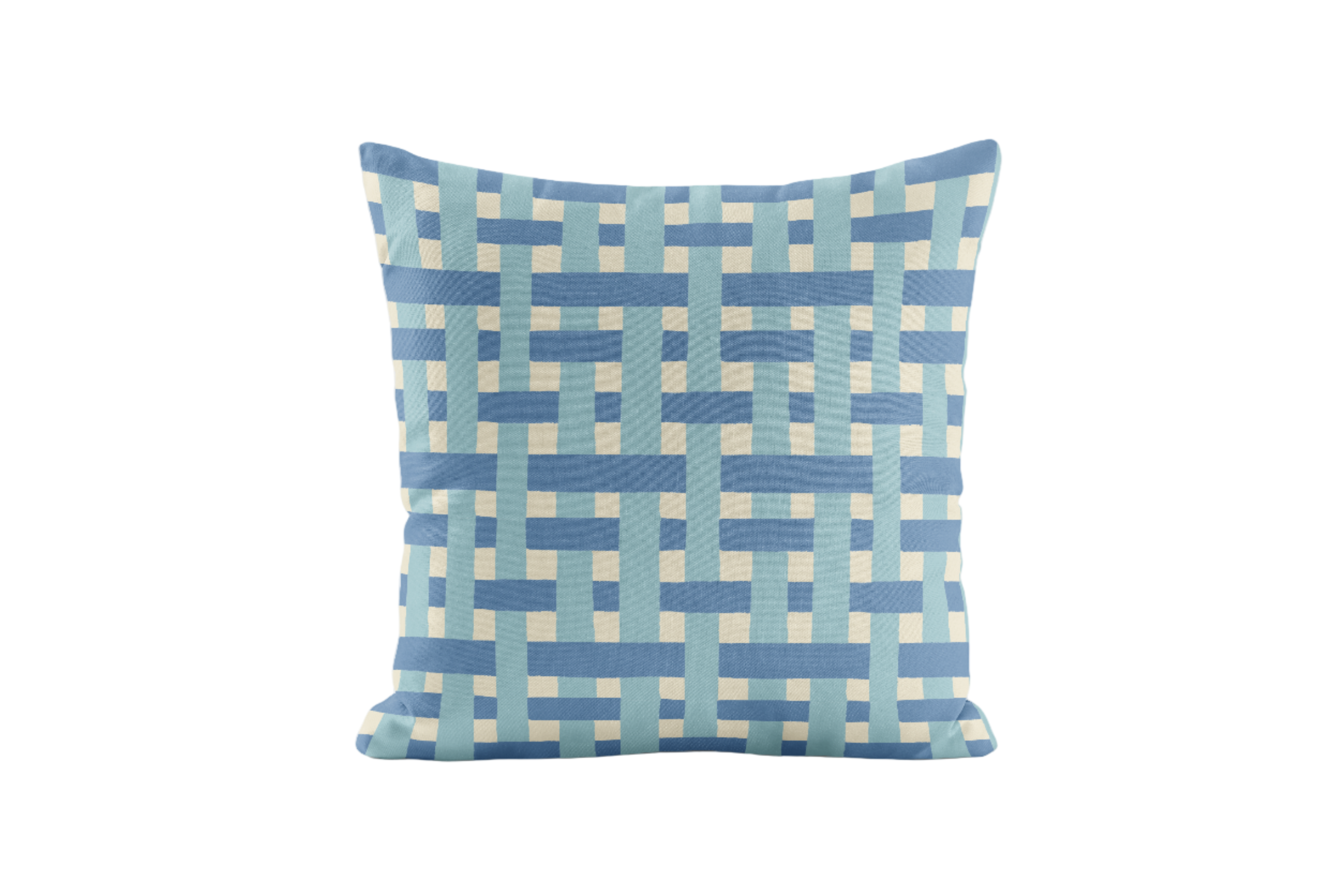 Decorative pillow with blue woven geometric pattern on a white background