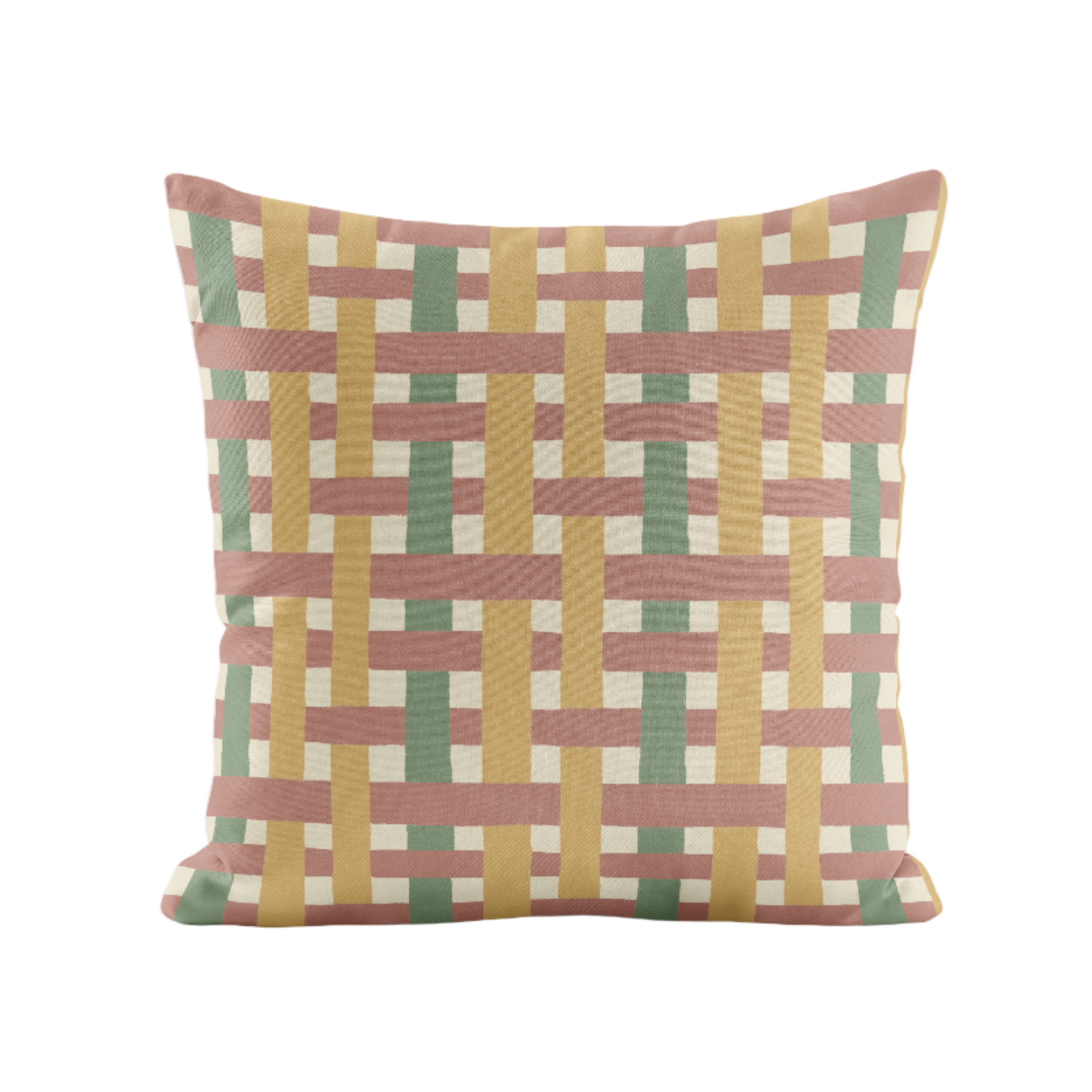 Decorative pillow with a geometric red, green and yellow pattern on a white background