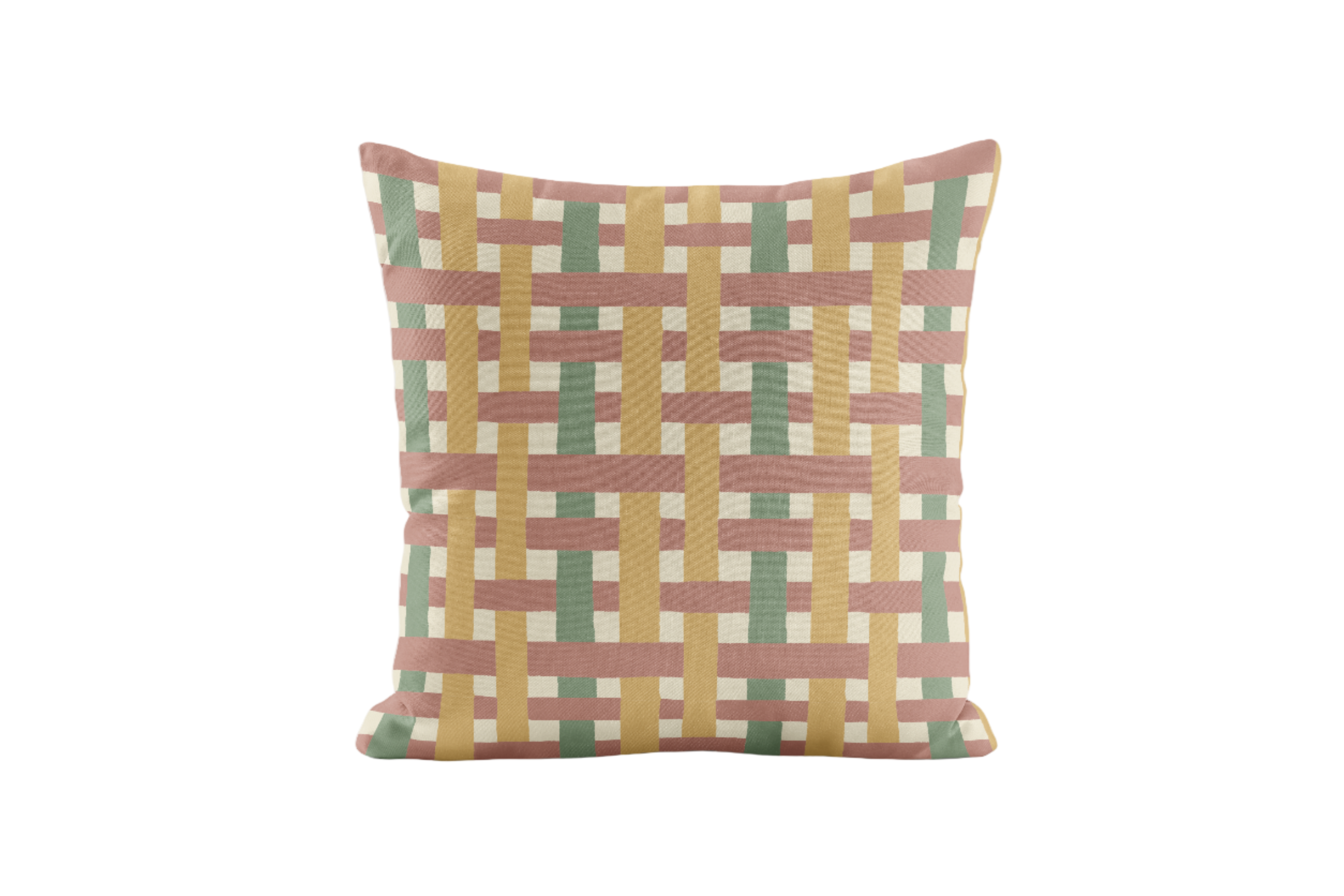 Decorative pillow with a geometric red, green and yellow pattern on a white background
