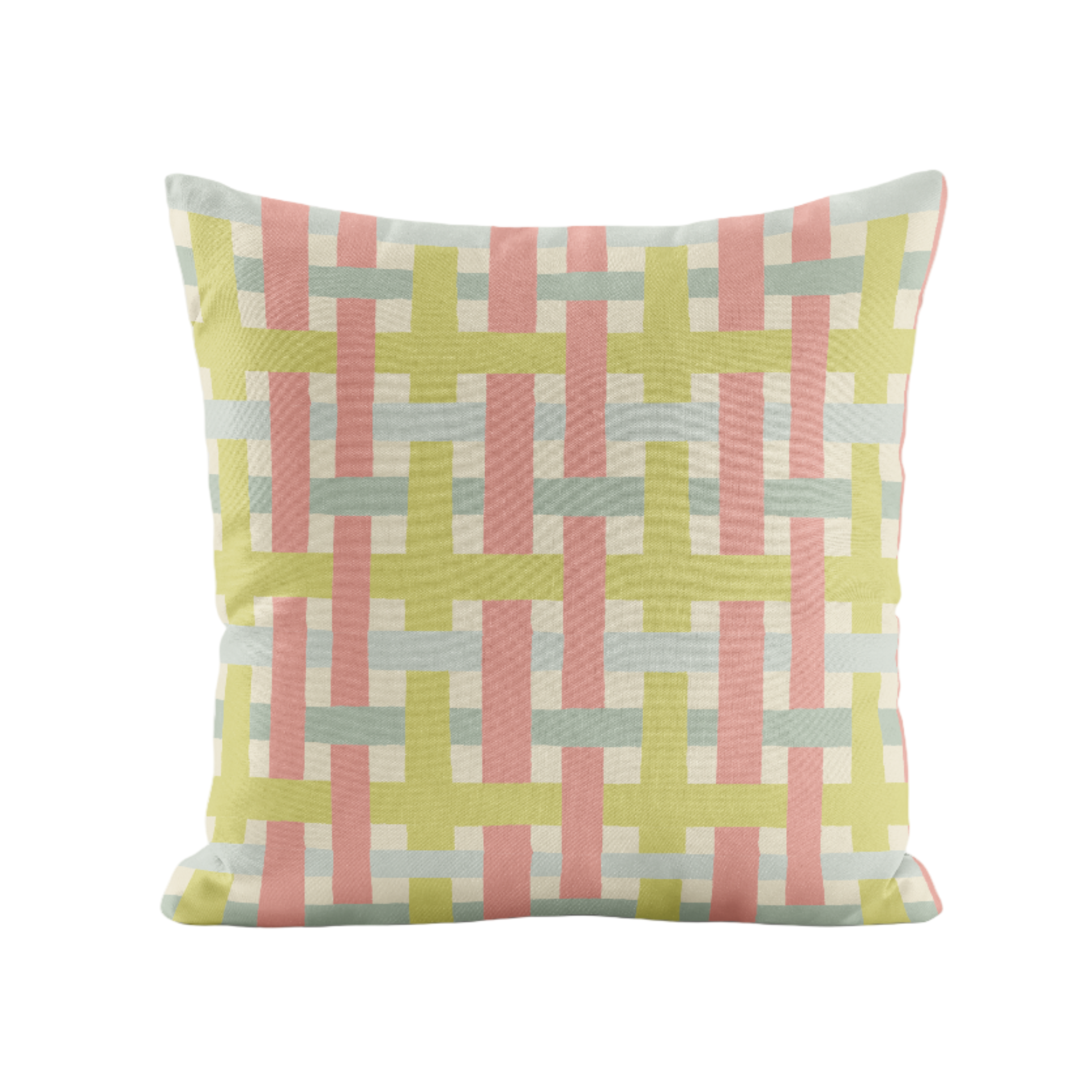Decorative pillow with a striped, geometric pattern in green, chartreuse and pink on a white background