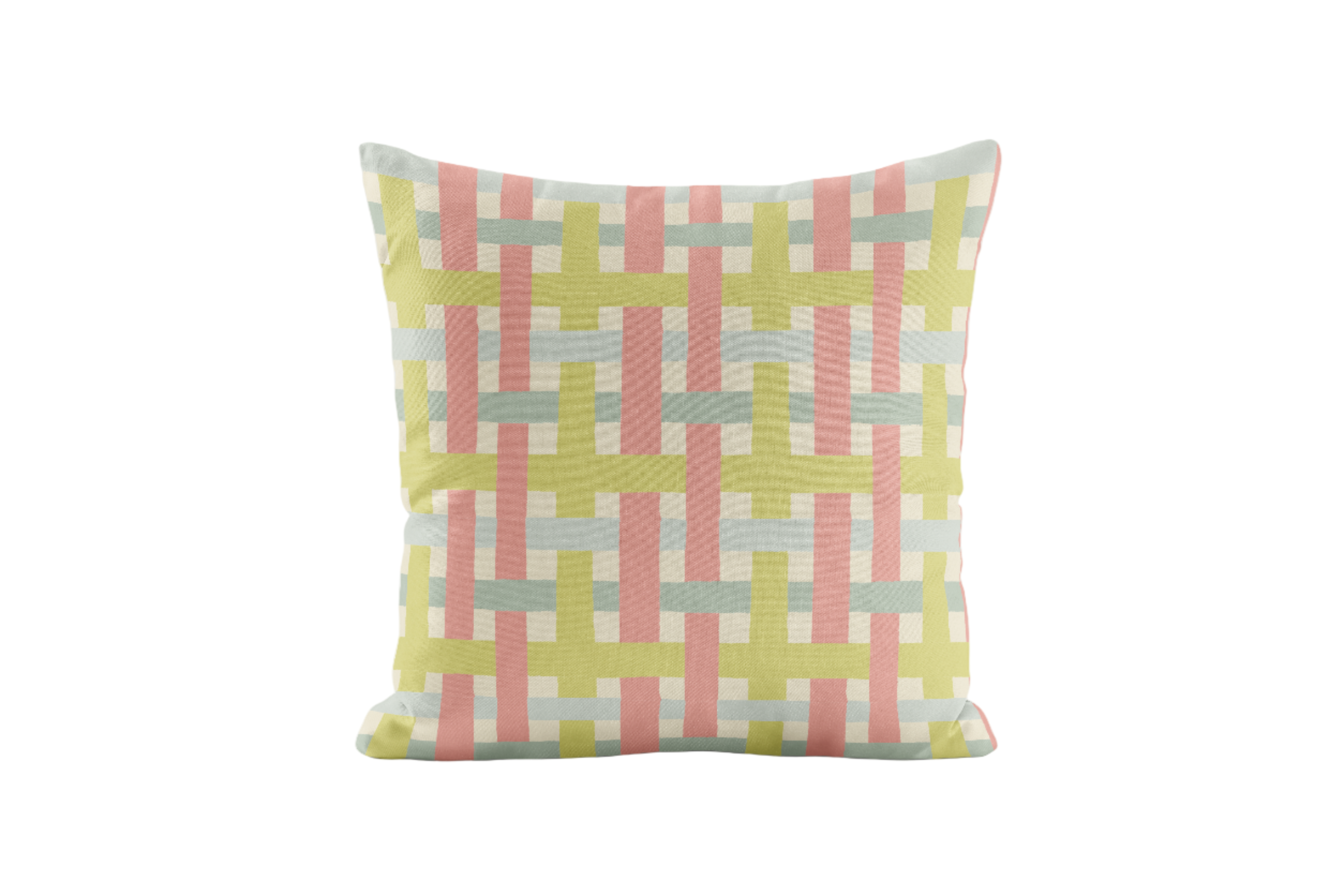 Decorative pillow with a striped, geometric pattern in green, chartreuse and pink on a white background