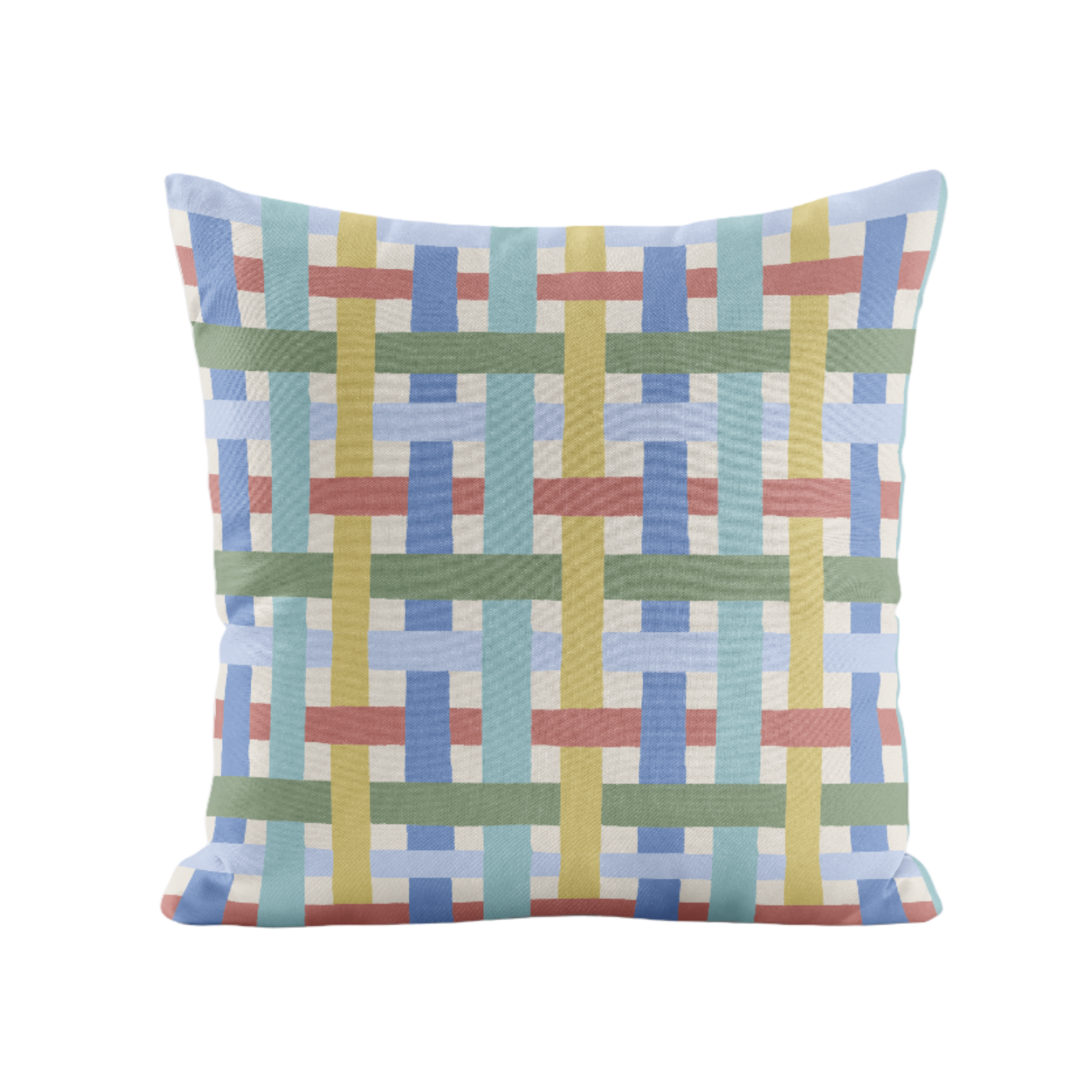 Decorative pillow with a multi colored geometric pattern on a white background