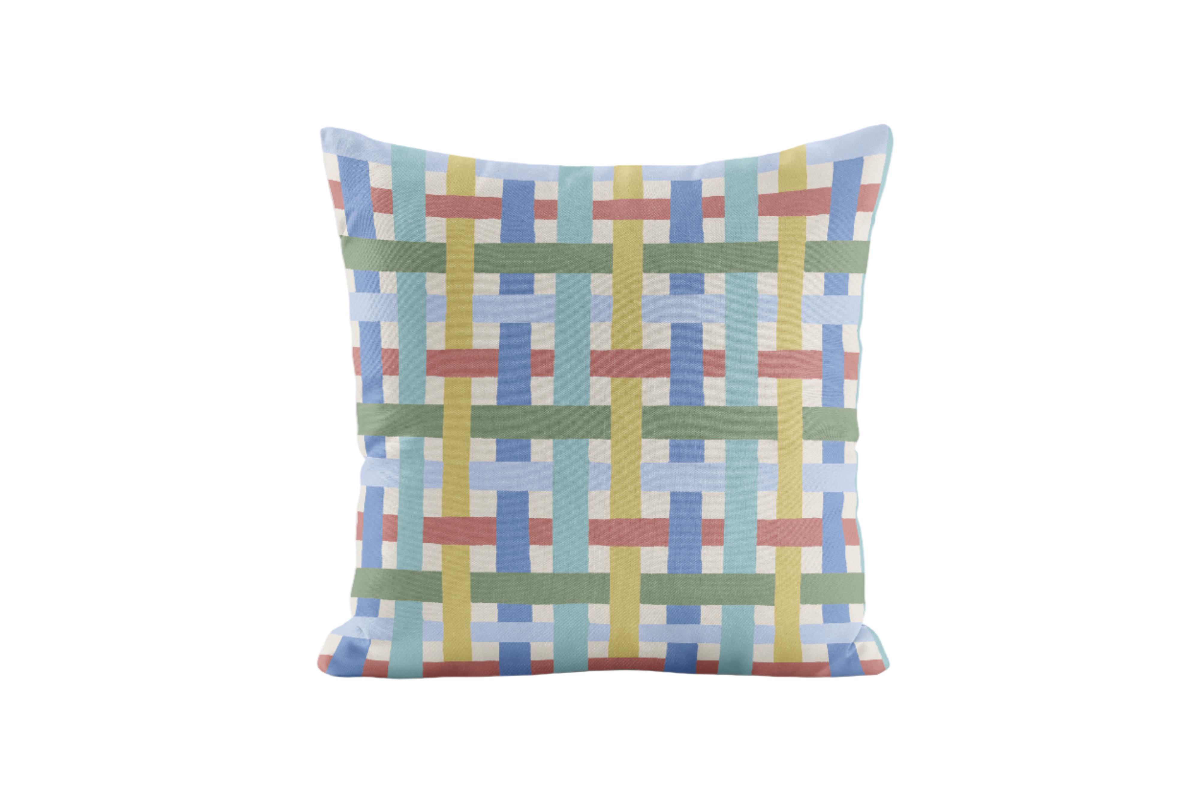Decorative pillow with a multi colored geometric pattern on a white background