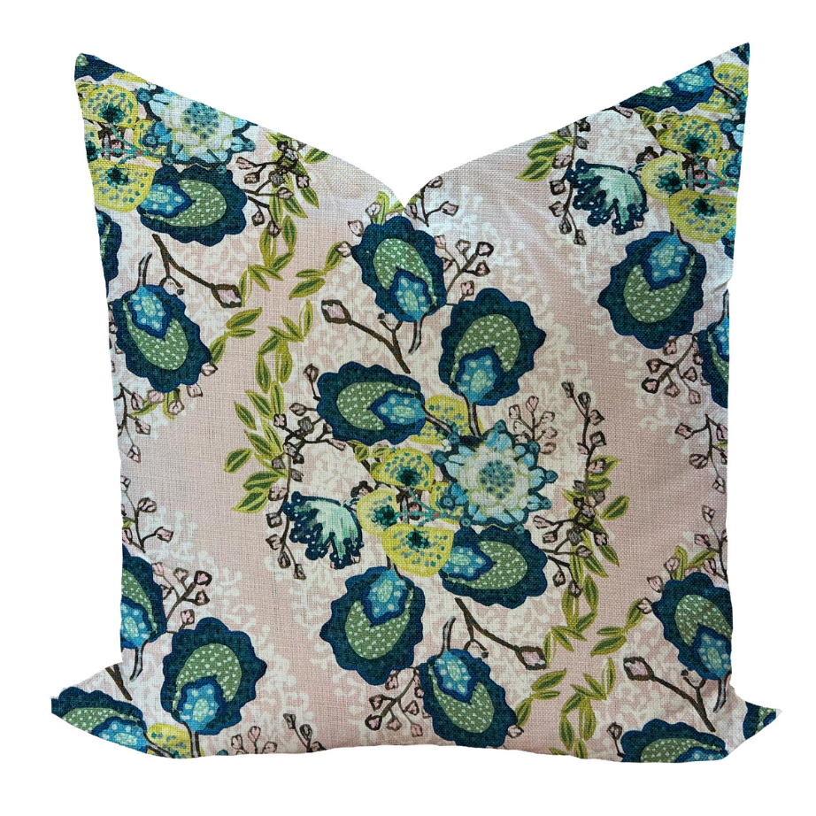 Floral patterned bedding pillow in blue and light pink
