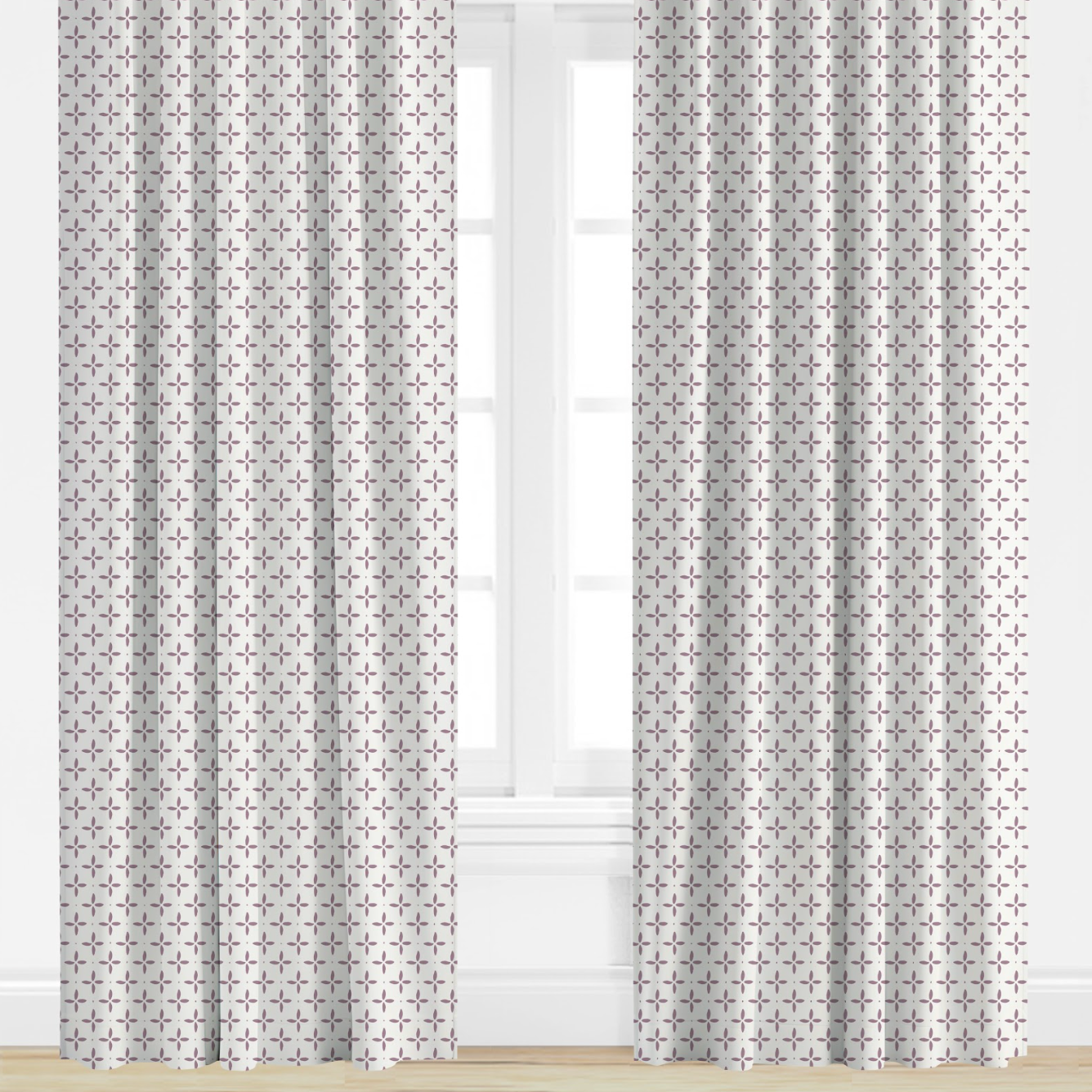 purple, star Patterned curtains on a window with a white background