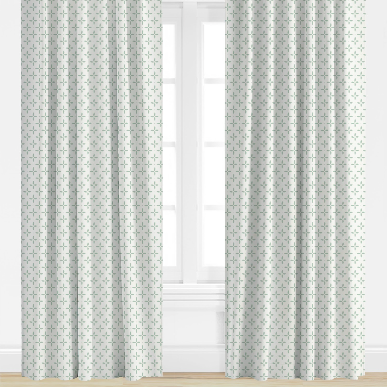 seafoam, star Patterned curtains on a window with a white background
